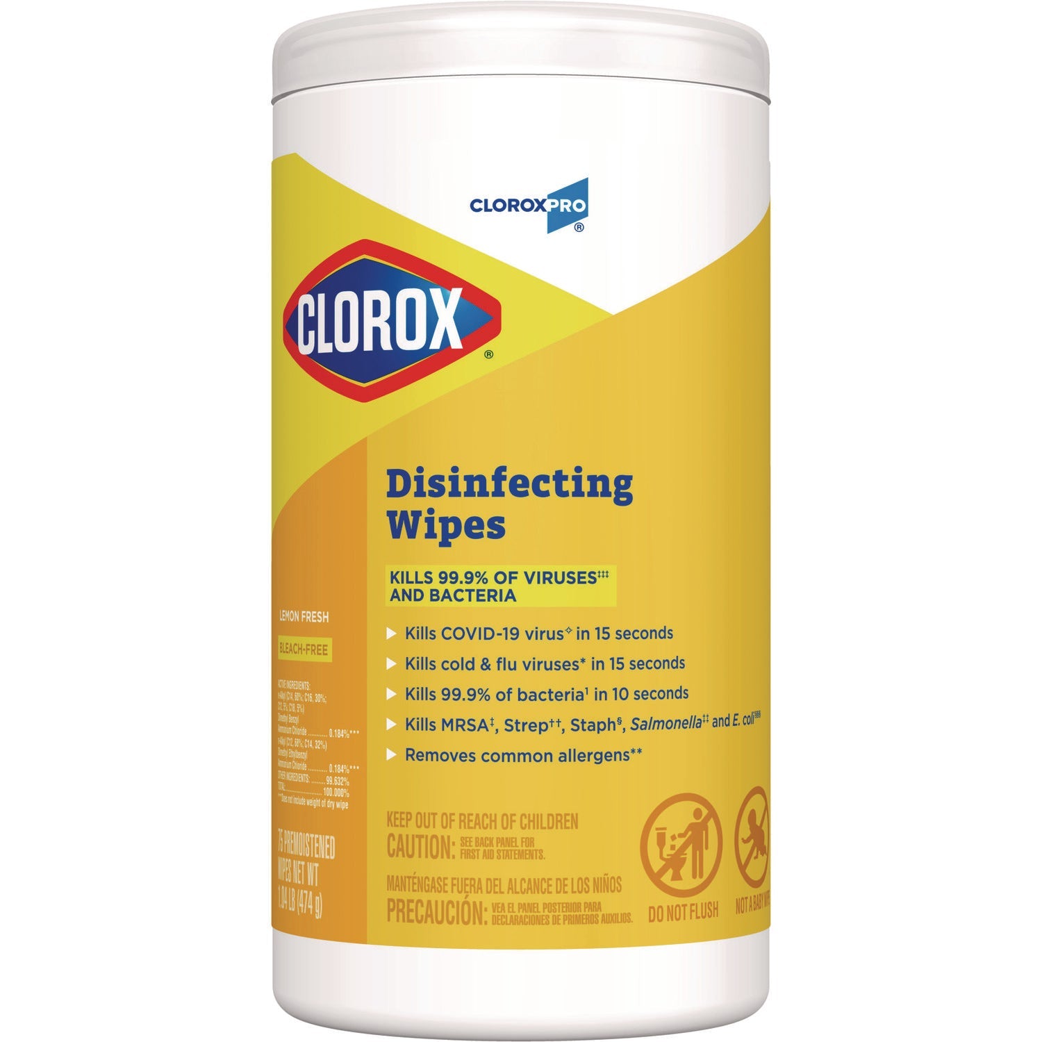 Clorox® Disinfecting Wipes, 1-Ply, 7 x 8, Lemon Fresh, White, 75/Canister