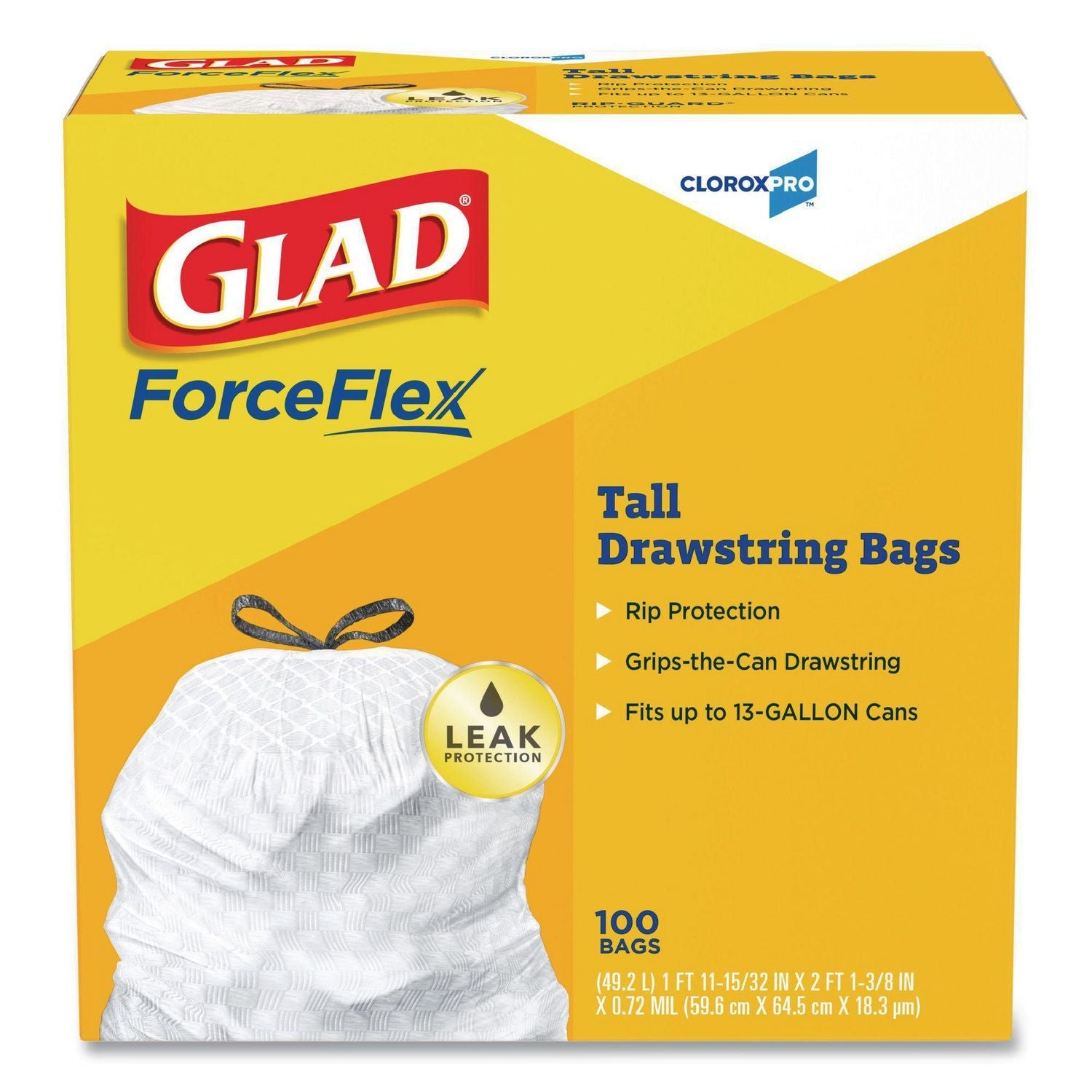 Glad® CloroxPro ForceFlex Tall Kitchen Drawstring Trash Bags, 13 gal, 24 x 27.38, Gray, 100/Box