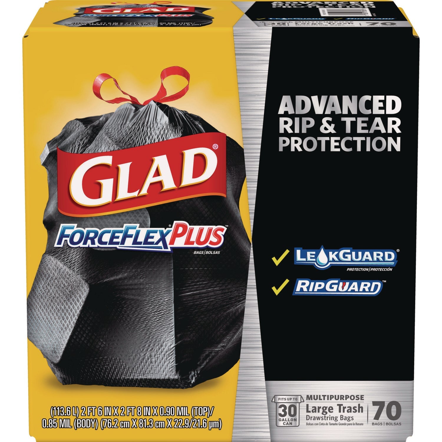 Glad® Forceflexplus Drawstring Large Trash Bags, 30 Gal, 1.05 Mil, 30" X 32", Black, 70/box