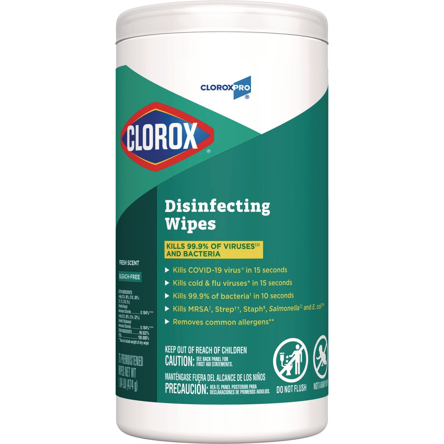 Clorox® Disinfecting Wipes, 1-Ply, 7 x 8, Fresh Scent, White, 75/Canister