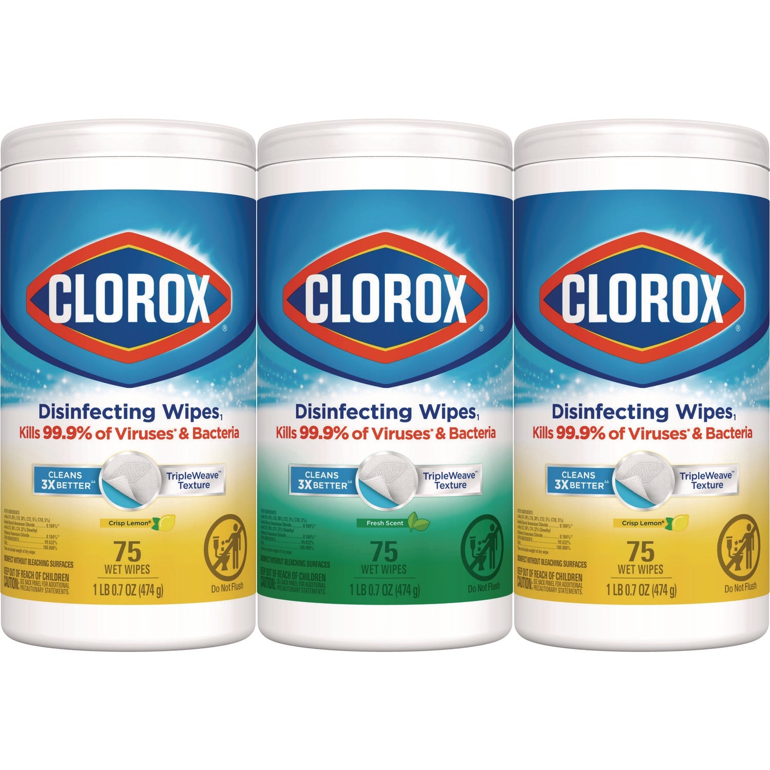 Clorox® Disinfecting Wipes, 1-Ply, 7 x 8, Fresh Scent/Citrus Blend, White, 75/Canister, 3 Canisters/Pack