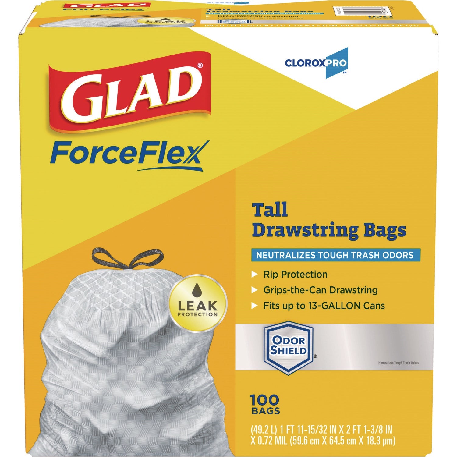Glad® CloroxPro ForceFlex Tall Kitchen Drawstring Trash Bags, 13 gal, 23.75 x 24.88, Gray, 100/Box