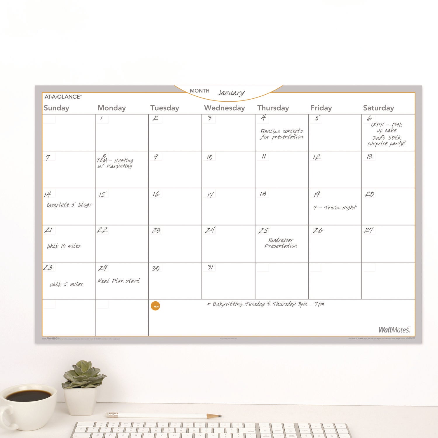 AT-A-GLANCE® Wallmates Self-Adhesive Dry Erase Monthly Planning Surfaces, 18 X 12, White/gray/orange Sheets, Undated
