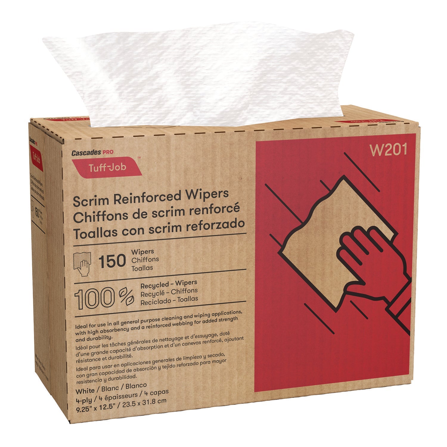 Cascades PRO Tuff-Job Scrim Reinforced Wipers, 4-Ply, 9.25 x 12.5, White, 150/Box, 10 Boxes/Carton