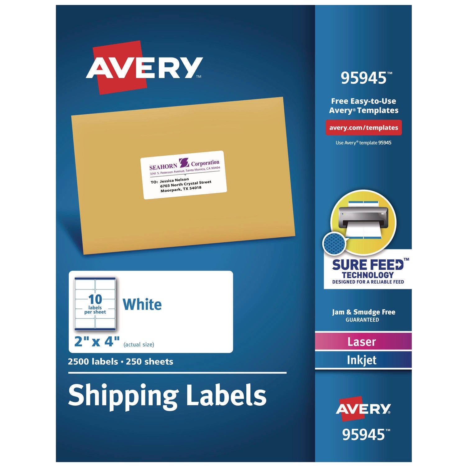 Avery® White Shipping Labels-Bulk Packs, Inkjet/laser Printers, 2 X 4, White, 10/sheet, 250 Sheets/box
