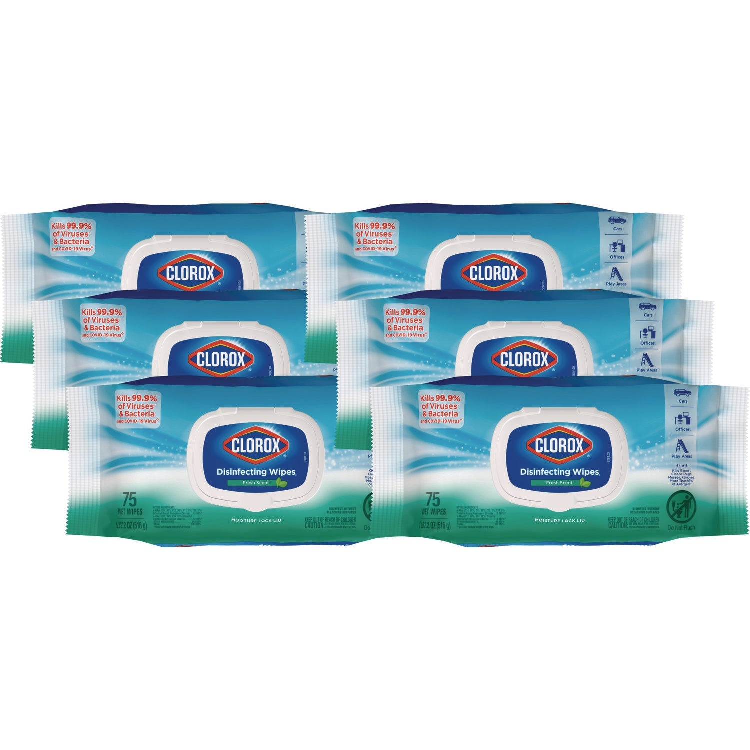 Clorox® Disinfecting Wipes, Easy Pull Pack, 1-Ply, 8 x 7, Fresh Scent, White, 75 Towels/Box, 6 Boxes/Carton