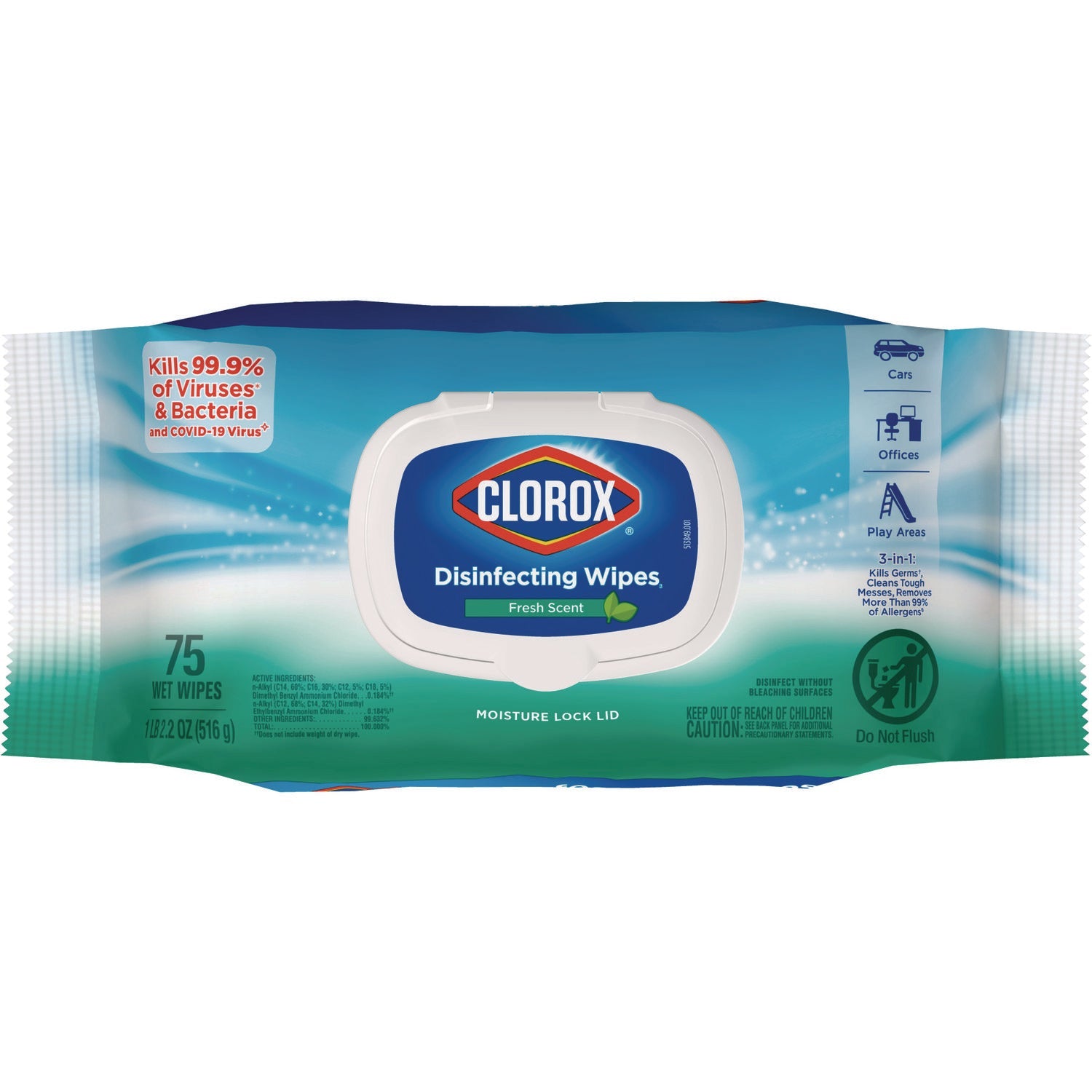 Clorox® Disinfecting Cleaning Wipes, Flex Pack, 1-Ply, 8 x 7, Fresh Scent, White, 75 Towels/Box