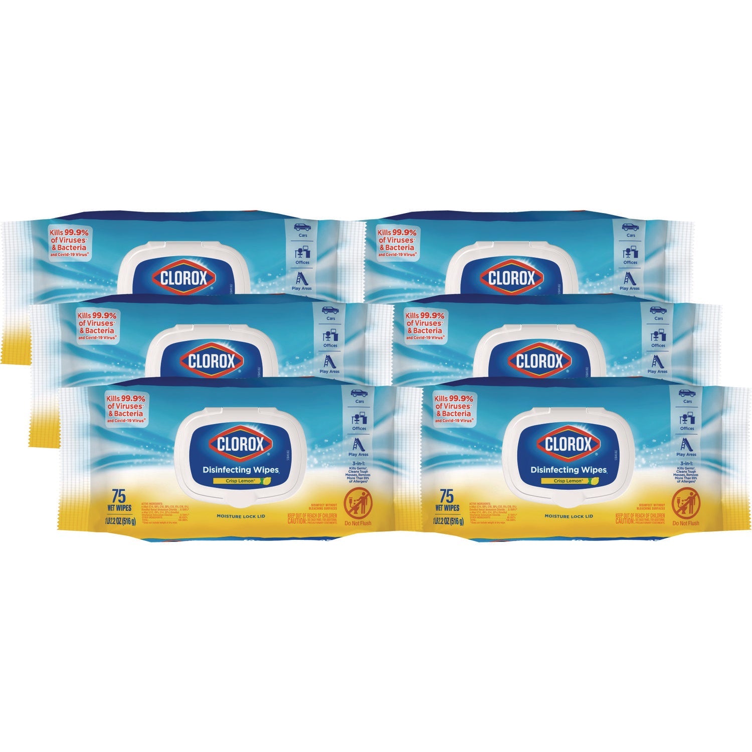 Clorox® Disinfecting Wipes, Easy Pull Pack, 1-Ply, 8 x 7, Lemon Scent, White, 75 Towels/Box, 6 Boxes/Carton - Bloom Skins