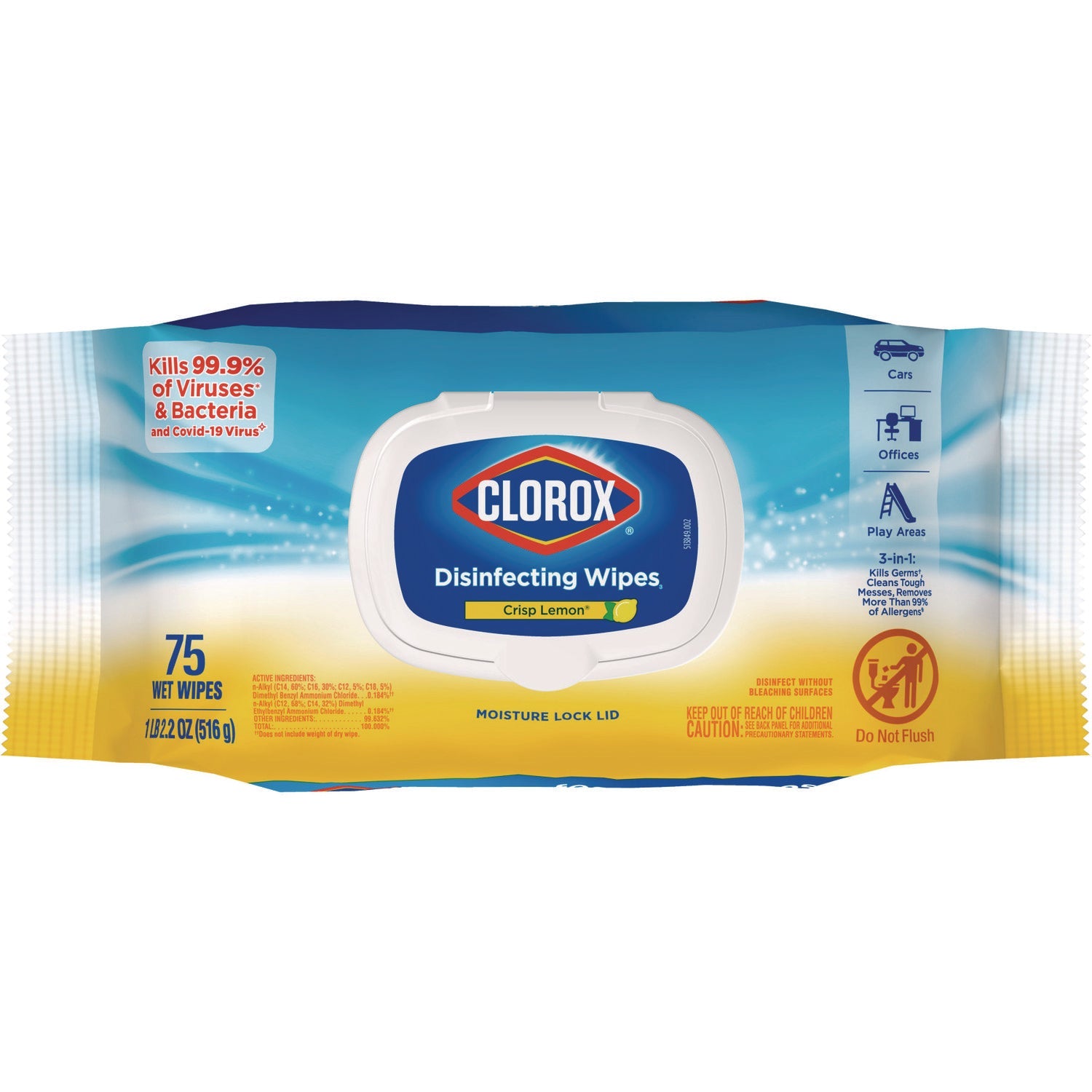 Clorox® Disinfecting Cleaning Wipes, Flex Pack, 1-Ply, 8 x 7, Lemon Scent, White, 75 Towels/Box