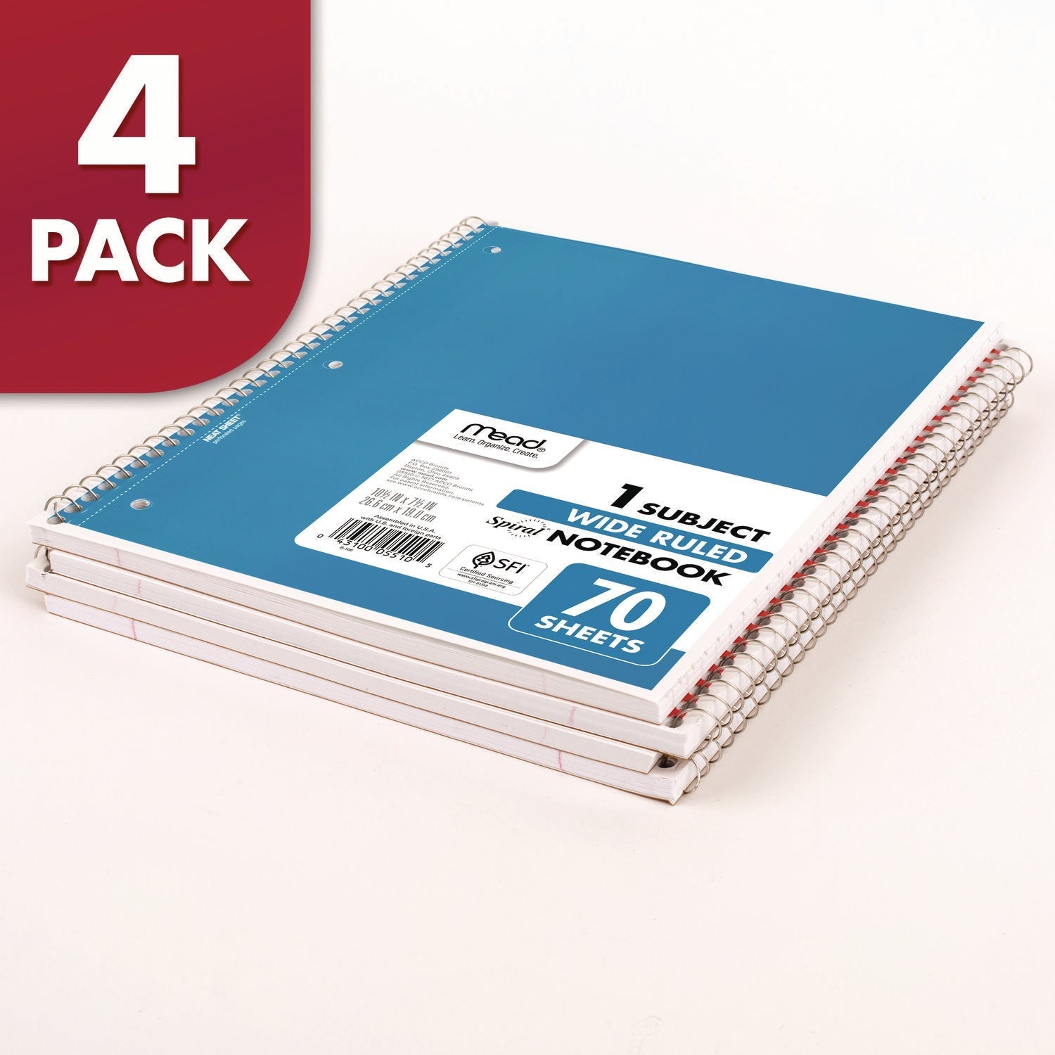Mead® Spiral Notebook, 1-Subject, Wide/Legal Rule, Randomly Assorted Cover Color, (70) 8 x 10.5 Sheets, 4/Pack