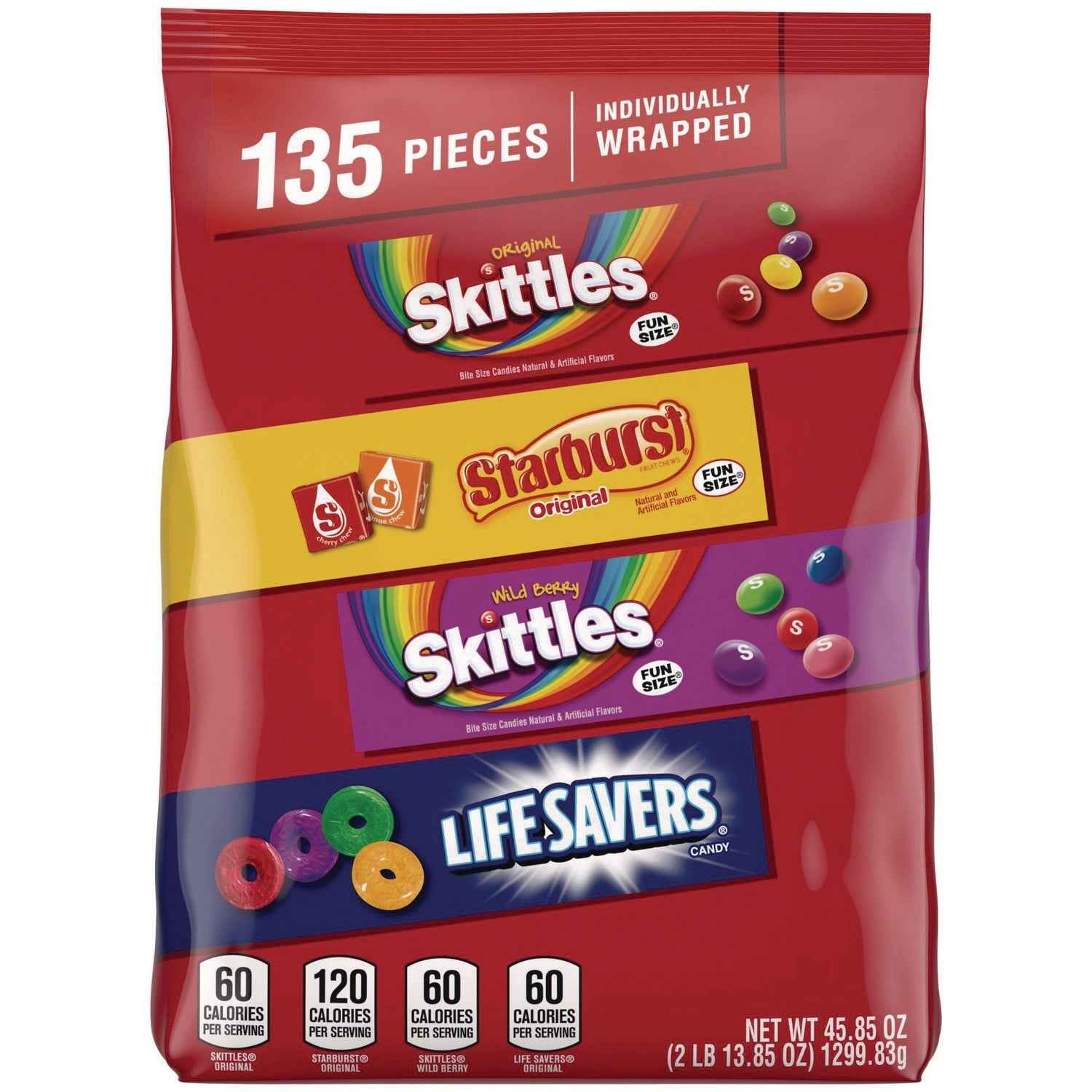 MARS Skittles, Starburst and Life Savers Fun Size Fruity Candy Assortment, 45.85 oz Bag, 135 Pieces, Individually Wrapped