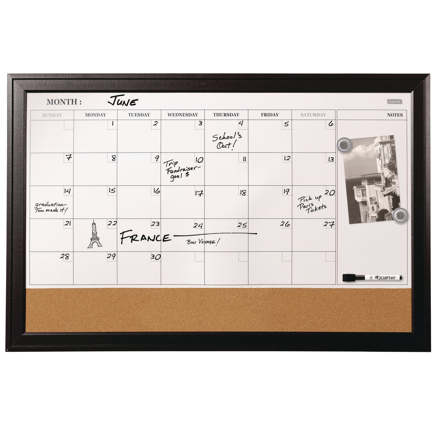Quartet® Magnetic Combination Board Calendar, Monthly Planning/Scheduling, 35" x 23", Tan/White Surface, Black Wood Frame