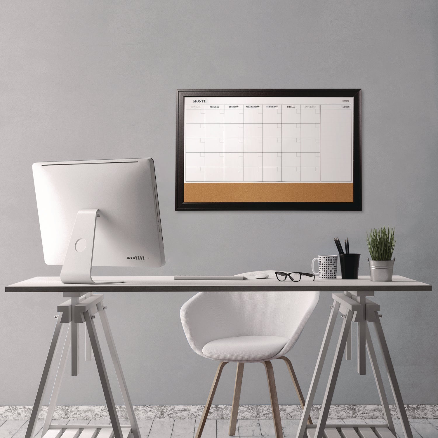 Quartet® Magnetic Combination Board Calendar, Monthly Planning/Scheduling, 35" x 23", Tan/White Surface, Black Wood Frame