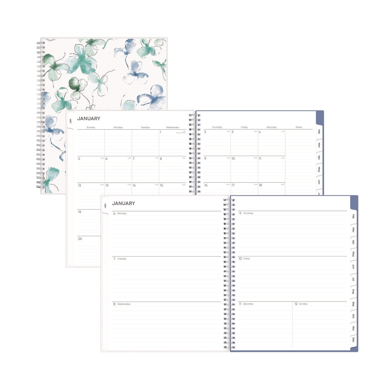 Blue Sky® Lindley Weekly/Monthly Planner, Floral Artwork, 11 x 8.5, White/Blue/Green Cover, 12-Month (Jan to Dec): 2025