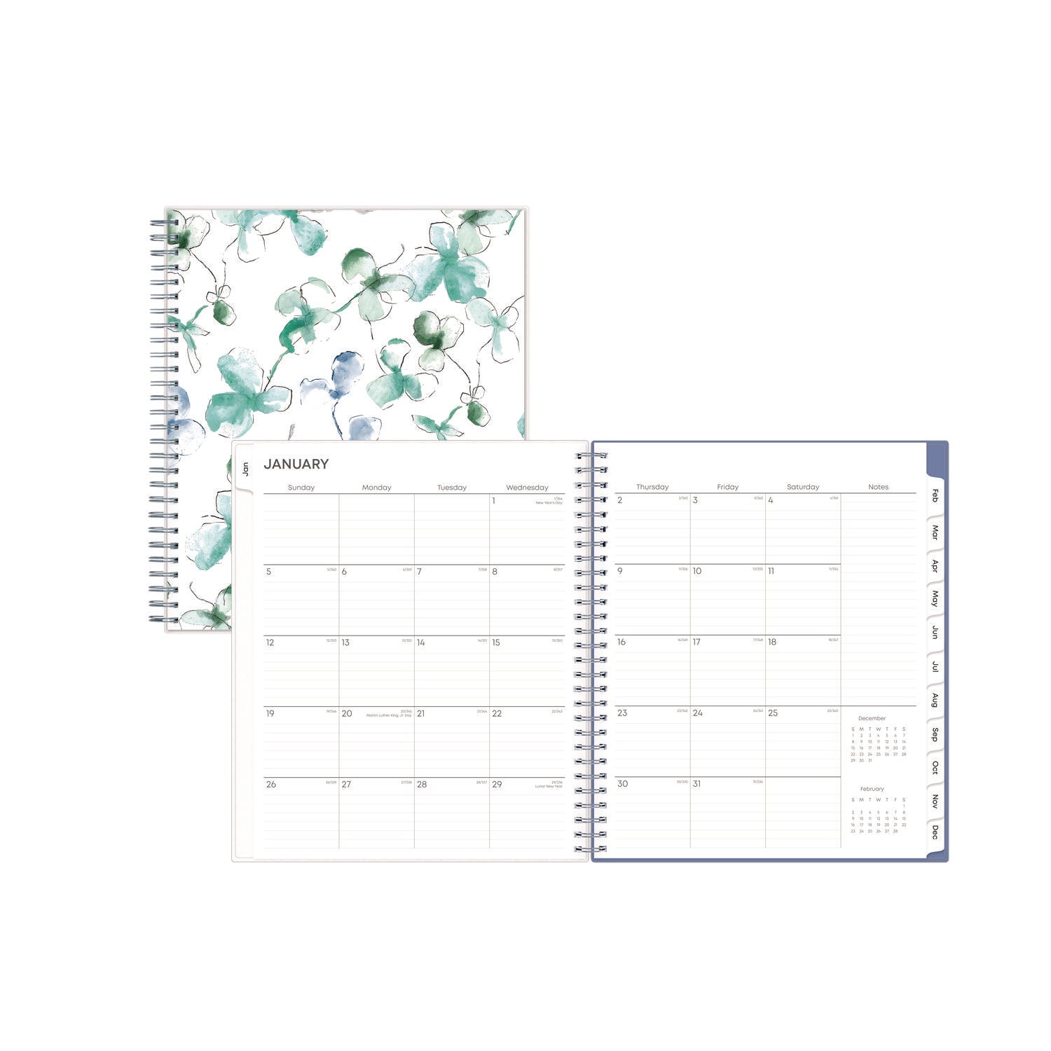 Blue Sky® Lindley Monthly Planner, Floral Artwork, 10 x 8, White/Blue/Green Cover, 12-Month (Jan to Dec): 2025