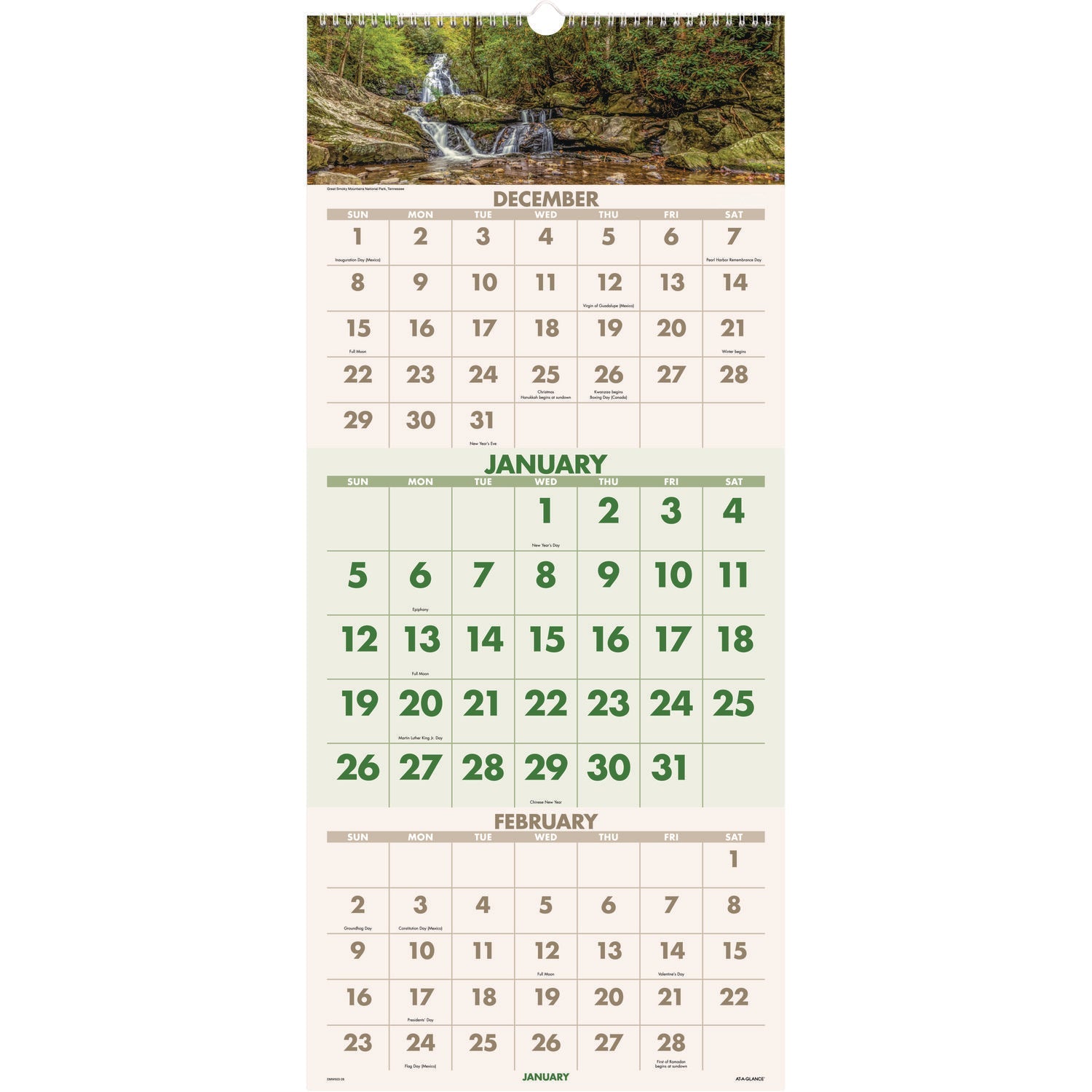 AT-A-GLANCE® Scenic Three-Month Wall Calendar, Landscape Photography, 12 x 27, White Sheets, 14-Month: Dec 2024 to Jan 2026