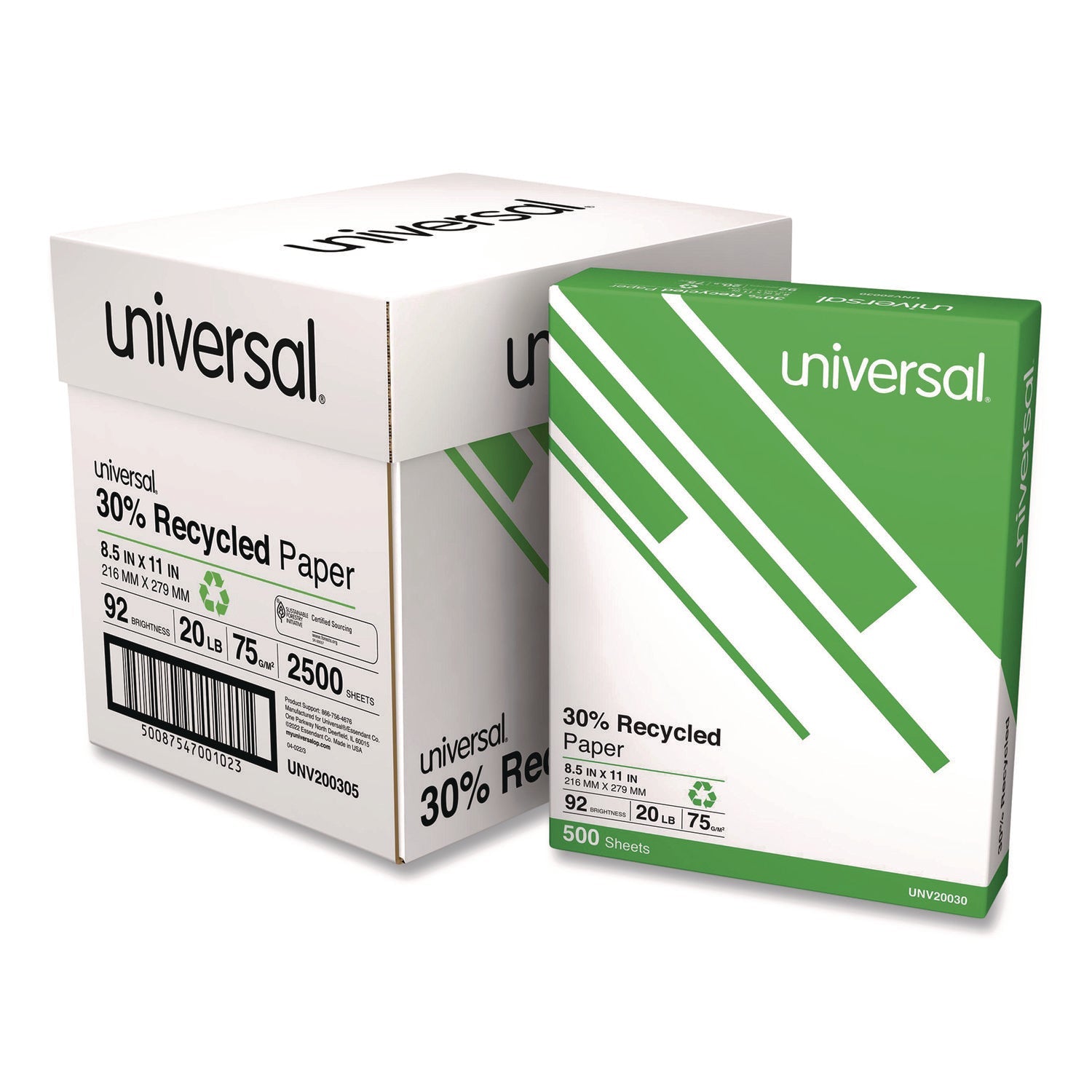 Universal® 30% Recycled Copy Paper, 92 Bright, 20 lb Bond Weight, 8.5 x 11, White, 500 Sheets/Ream, 5 Reams/Carton