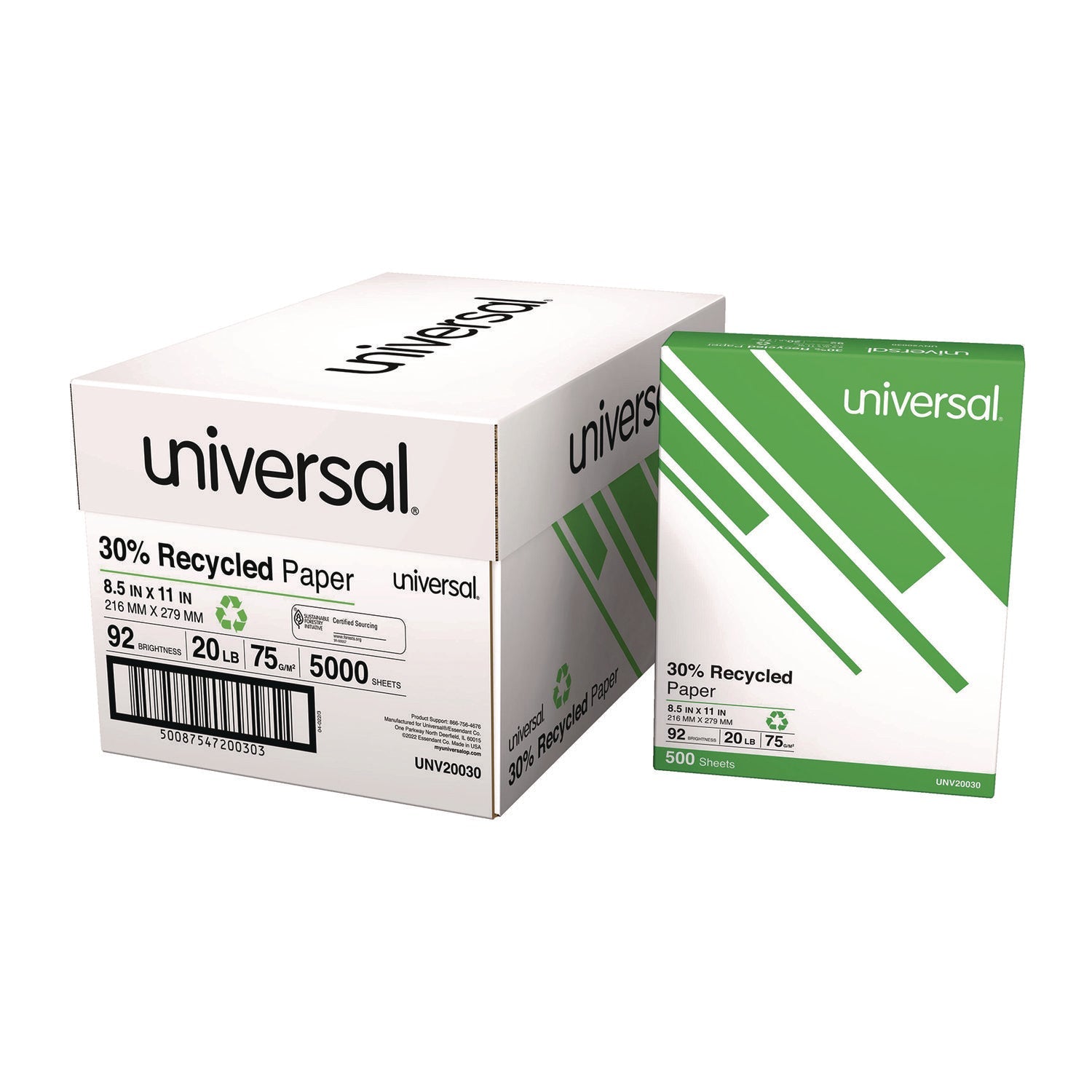 Universal® 30% Recycled Copy Paper, 92 Bright, 20 lb Bond Weight, 8.5 x 11, White, 500 Sheets/Ream, 10 Reams/Carton
