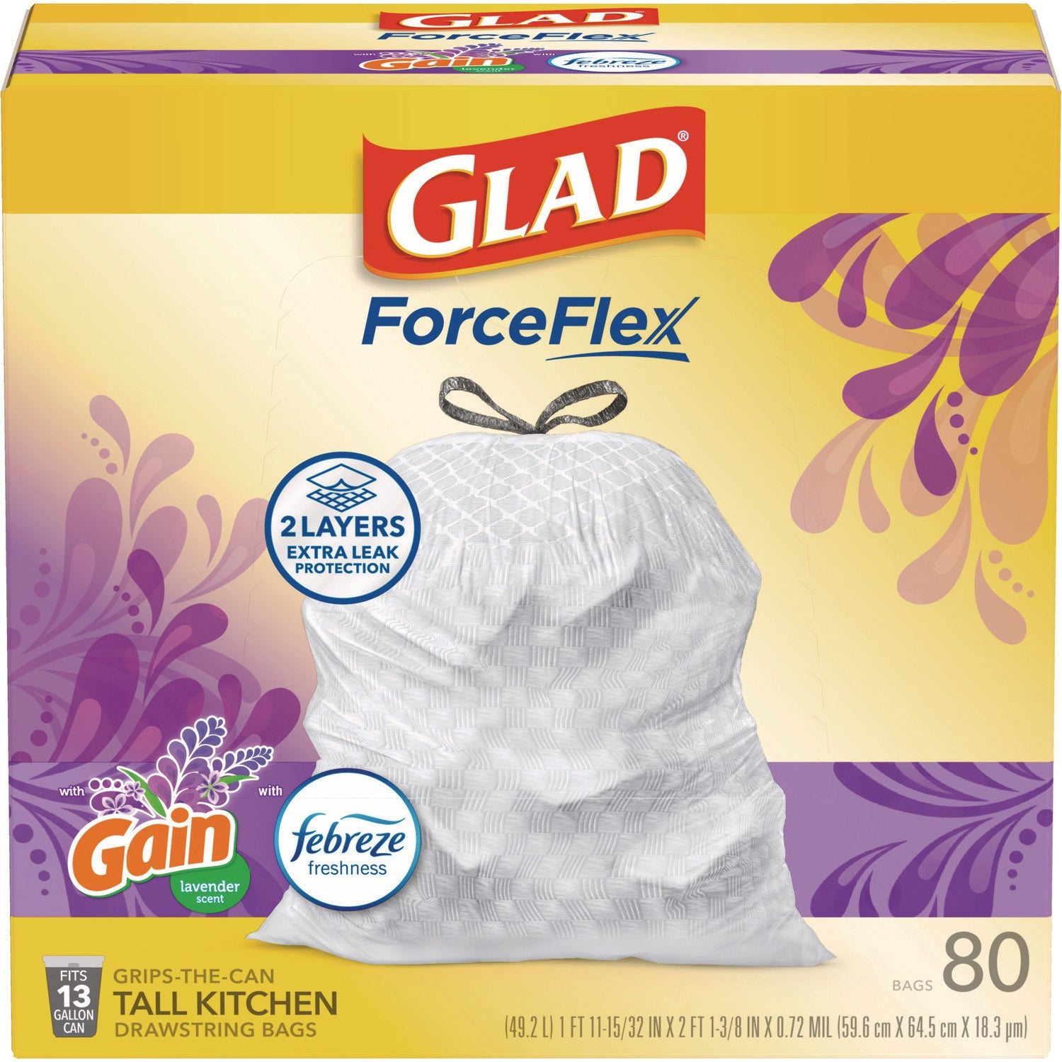 Glad® ForceFlex Kitchen Drawstring Trash Bags, 13 gal, Lavender Breeze Scent, 24" x 27.38", White, 80/Box