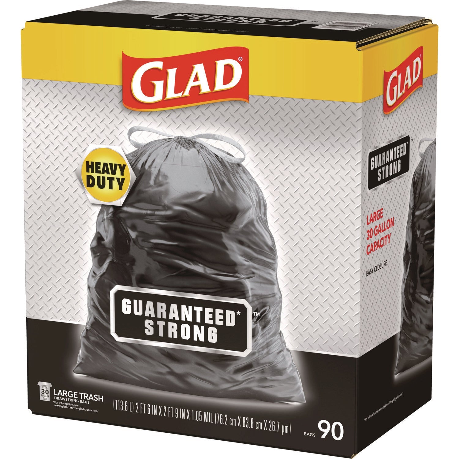 Glad® Guaranteed Strong Large Drawstring Trash Bags, Three-Ply, 30 gal, 1.05 mil, 30" x 33", Black, 90/Carton