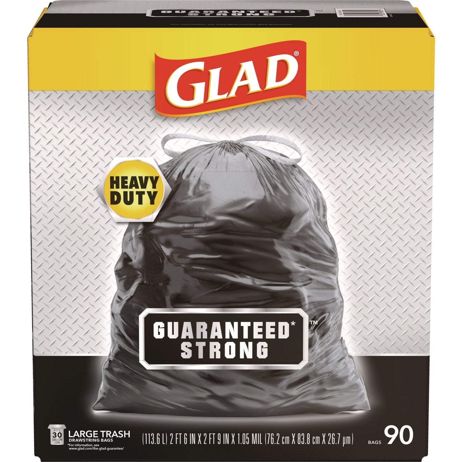 Glad® Guaranteed Strong Large Drawstring Trash Bags, Three-Ply, 30 gal, 1.05 mil, 30" x 33", Black, 90/Carton