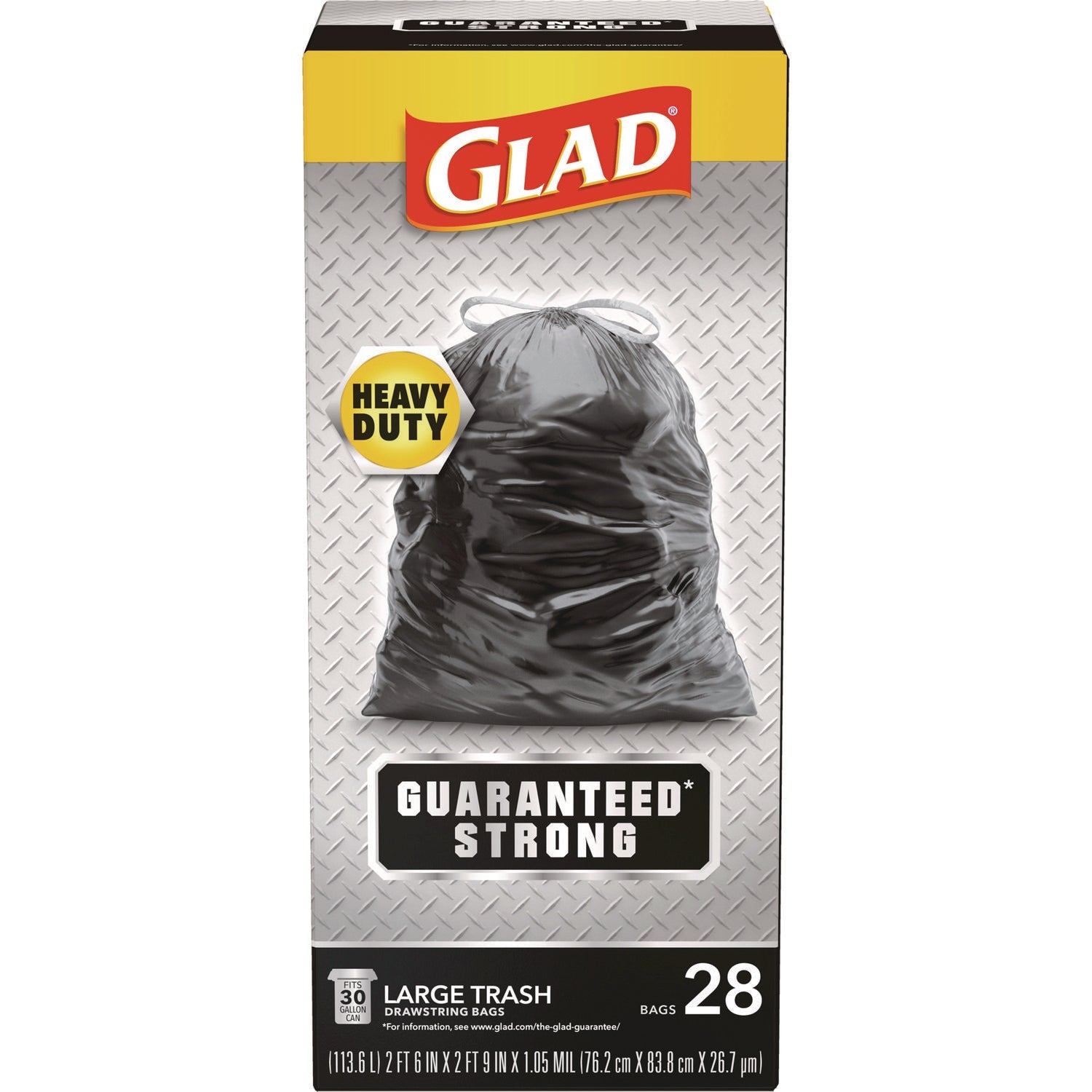 Glad® Guaranteed Strong Large Drawstring Trash Bags, Three-Ply, 30 gal, 1.05 mil, 30 x 33, Black, 28 Bags/Box, 6 Boxes/Carton