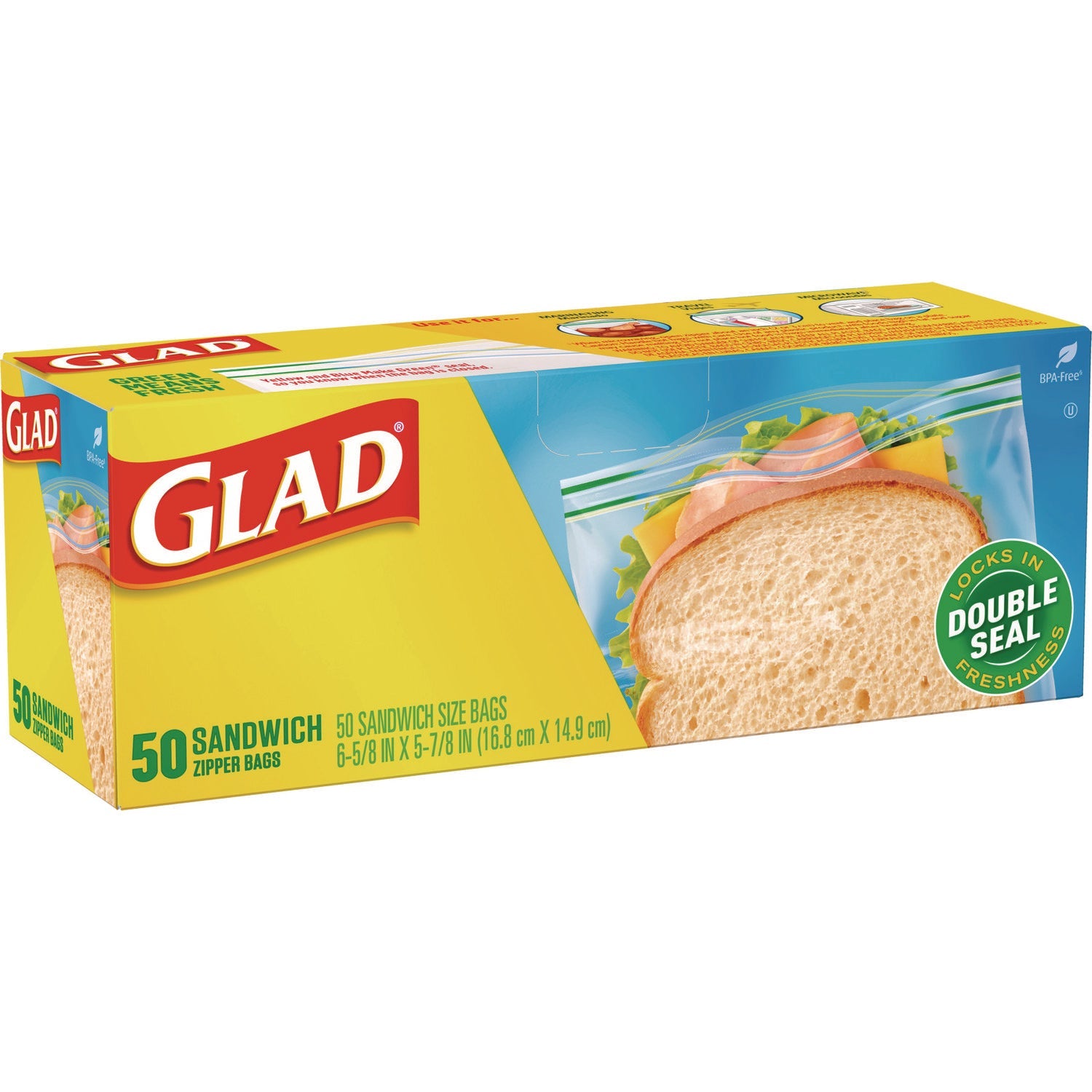 Glad® Zipper Food Storage Sandwich Bags, 6.63 x 5.88, Clear, 50 Bags/Box, 12 Boxes/Carton