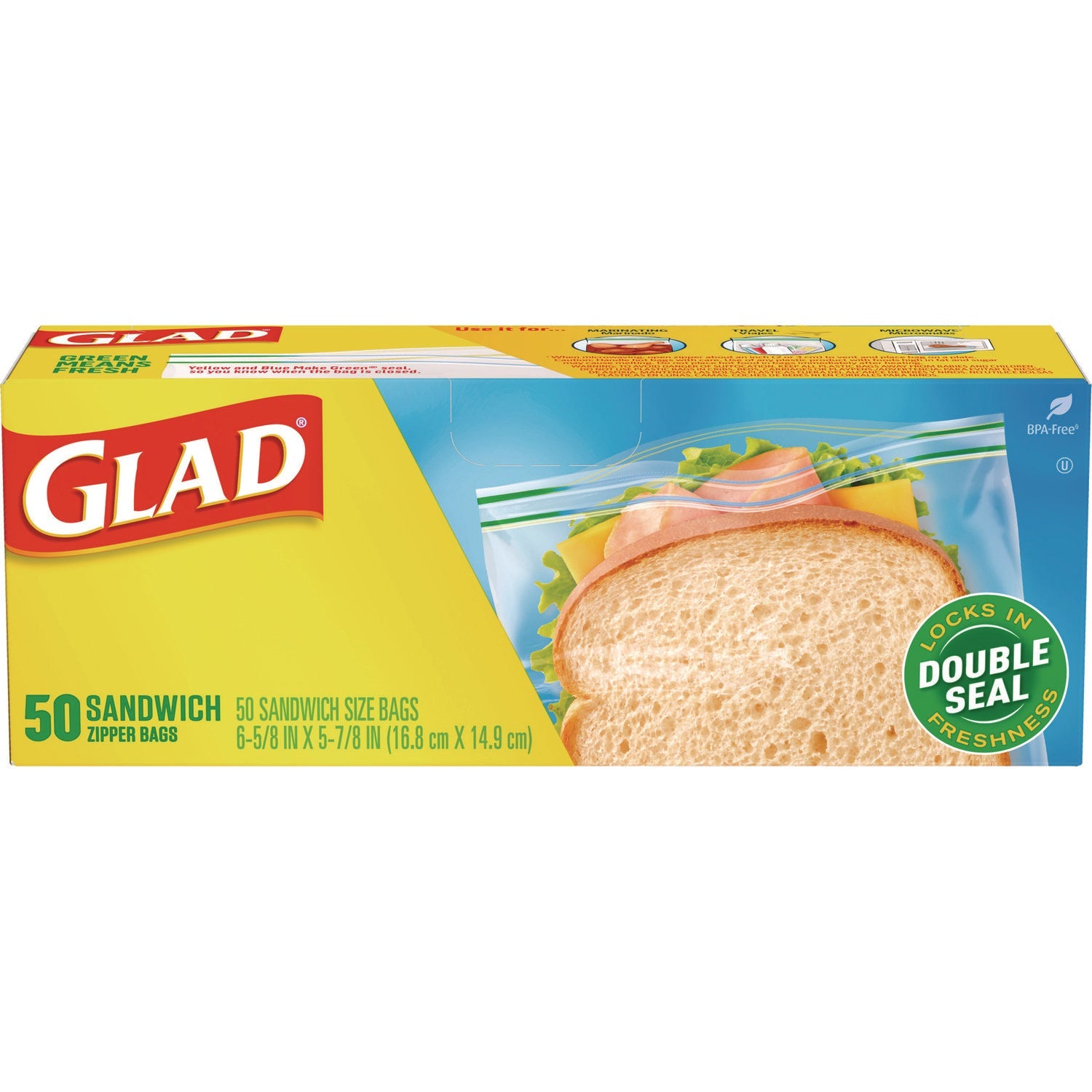 Glad® Zipper Food Storage Sandwich Bags, 6.63 x 5.88, Clear, 50 Bags/Box, 12 Boxes/Carton