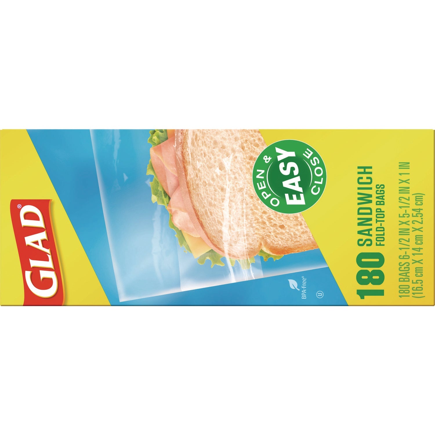 Glad® Fold Top Food Storage Sandwich Bags, 6.5 x 5.5, Clear, 180 Bags/Box, 12 Boxes/Carton
