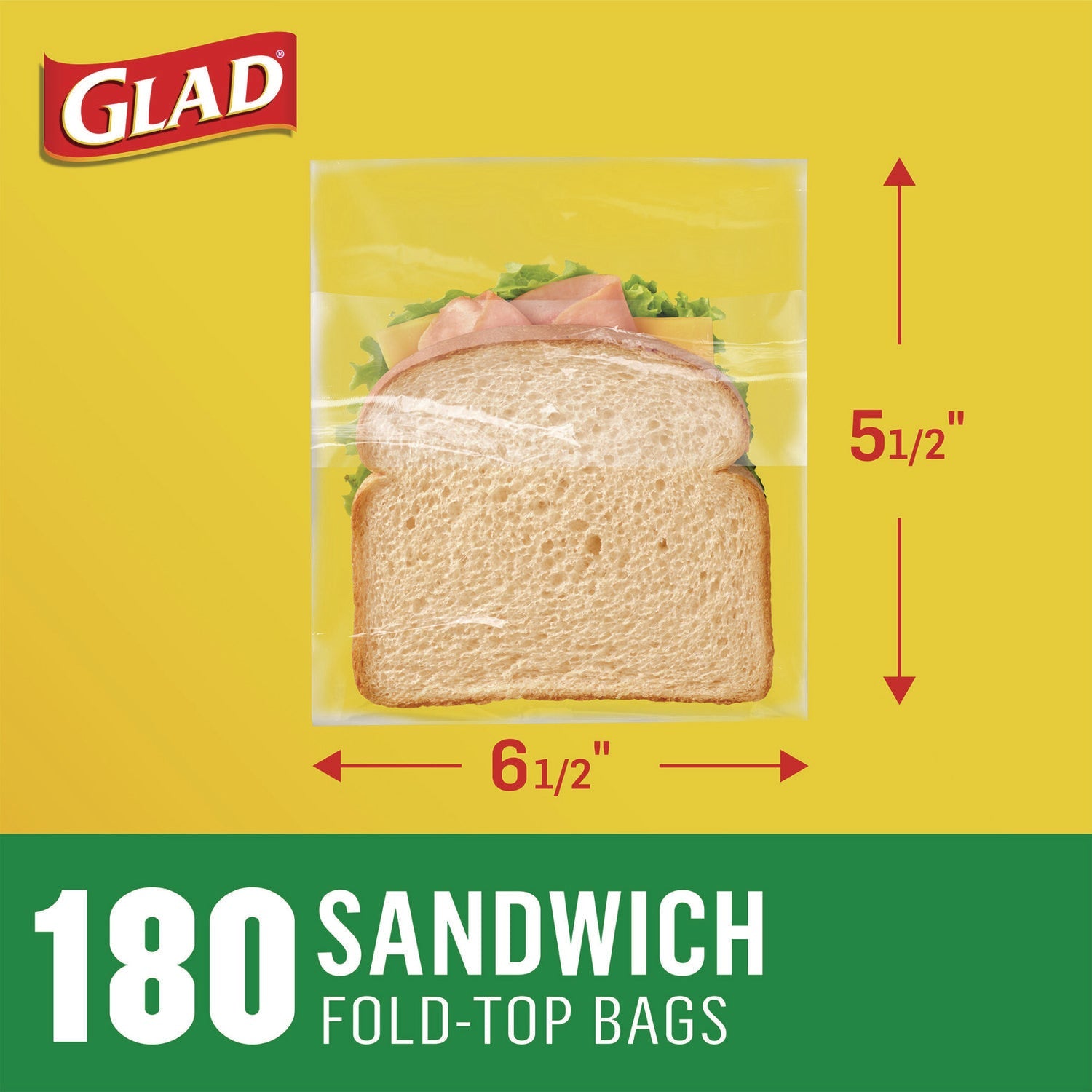Glad® Fold Top Food Storage Sandwich Bags, 6.5 x 5.5, Clear, 180 Bags/Box, 12 Boxes/Carton