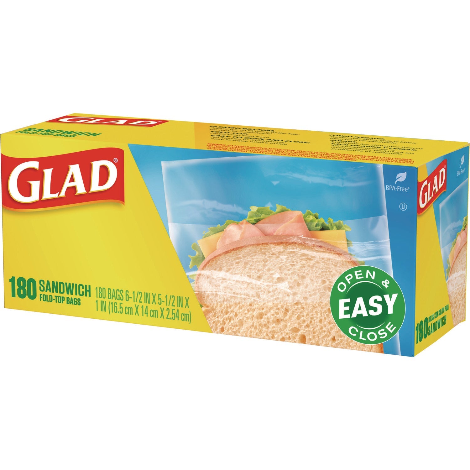 Glad® Fold Top Food Storage Sandwich Bags, 6.5 x 5.5, Clear, 180 Bags/Box, 12 Boxes/Carton
