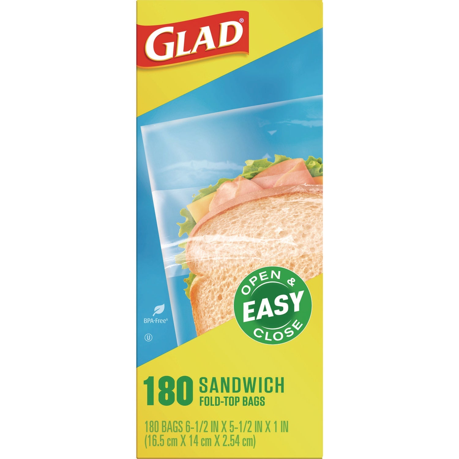 Glad® Fold Top Food Storage Sandwich Bags, 6.5 x 5.5, Clear, 180 Bags/Box, 12 Boxes/Carton
