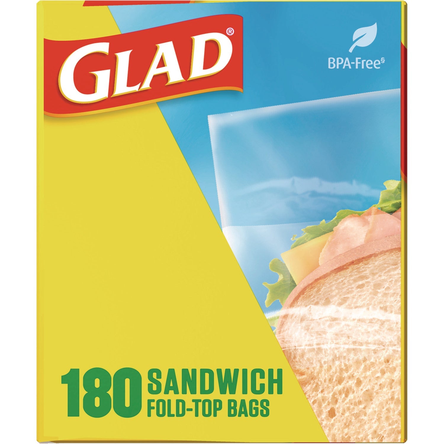 Glad® Fold Top Food Storage Sandwich Bags, 6.5 x 5.5, Clear, 180 Bags/Box, 12 Boxes/Carton
