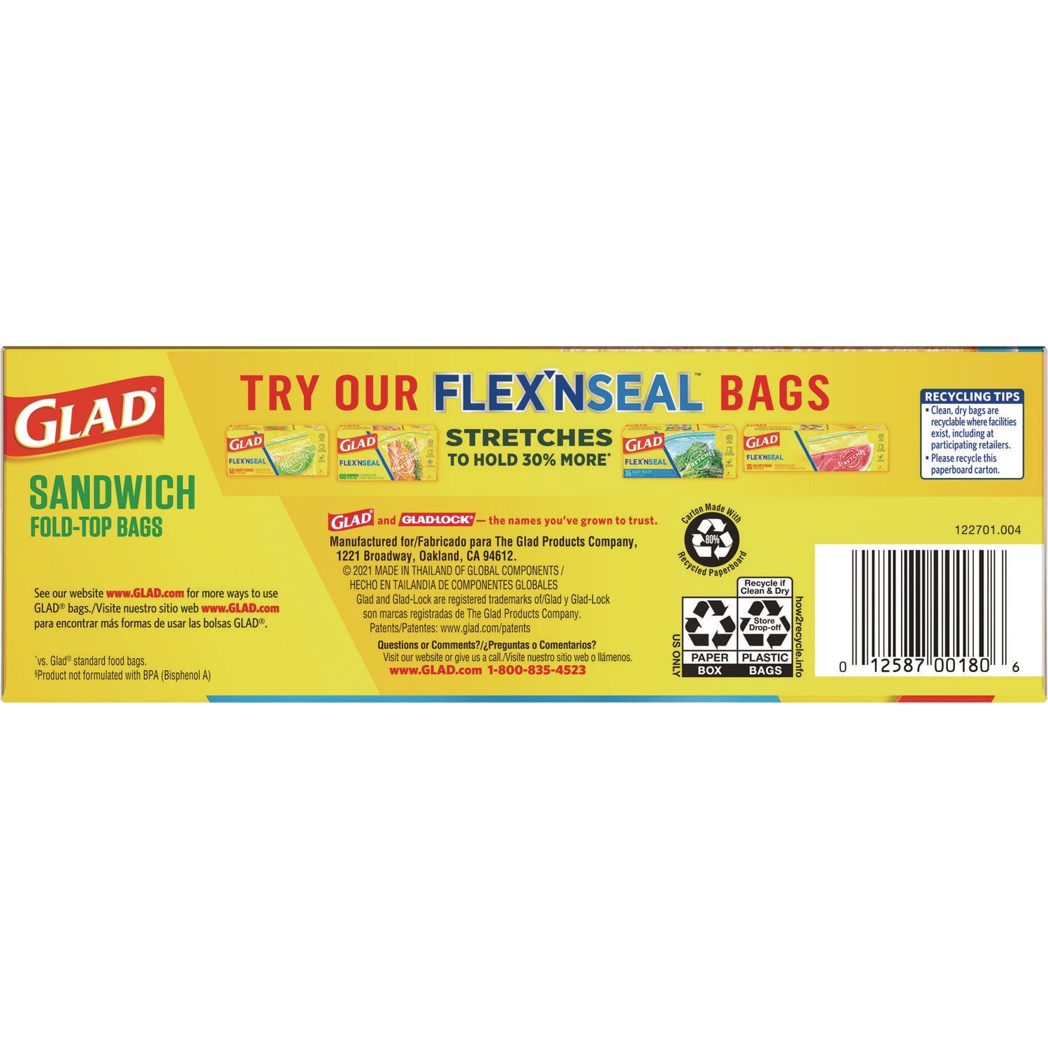 Glad® Fold Top Food Storage Sandwich Bags, 6.5 x 5.5, Clear, 180 Bags/Box, 12 Boxes/Carton
