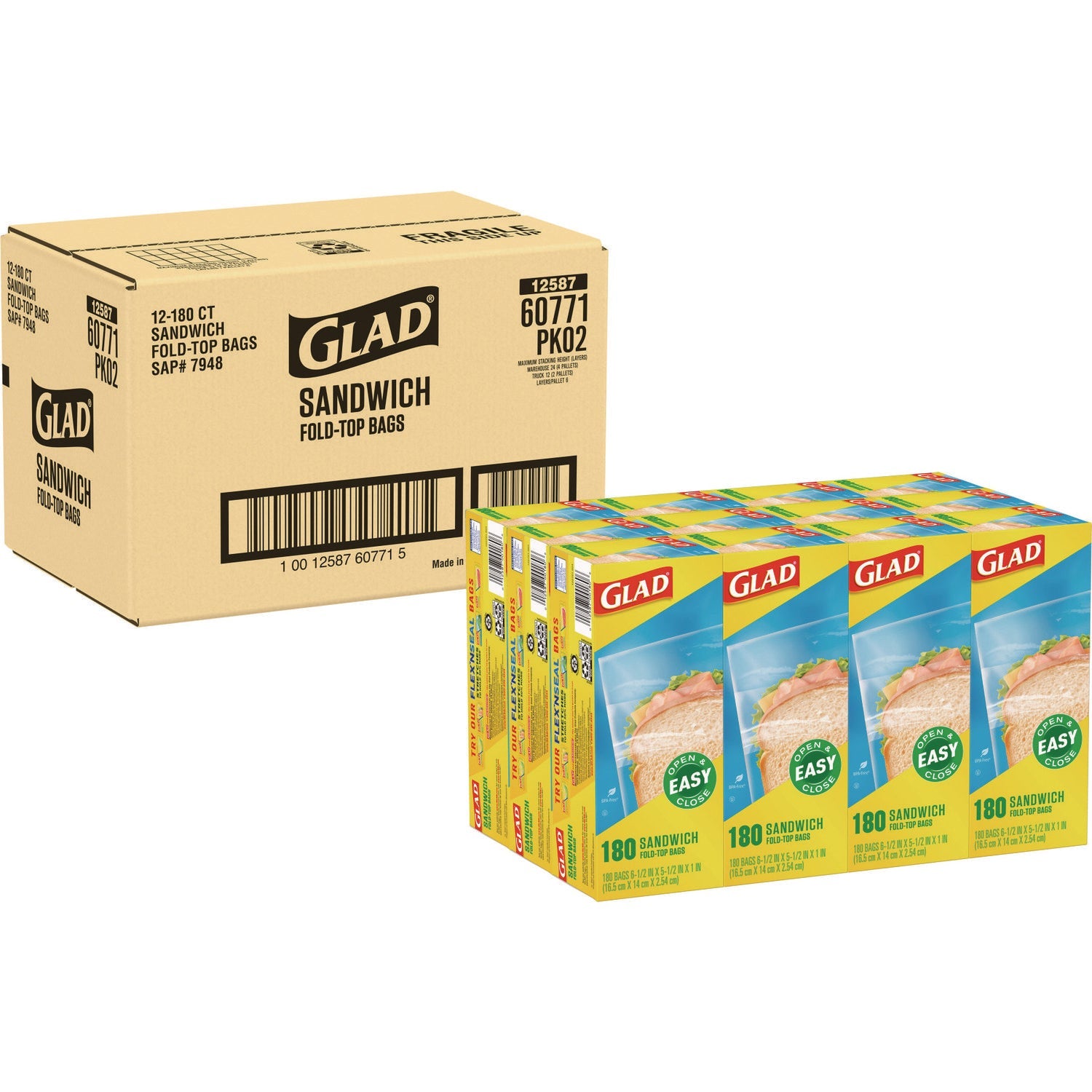 Glad® Fold Top Food Storage Sandwich Bags, 6.5 x 5.5, Clear, 180 Bags/Box, 12 Boxes/Carton
