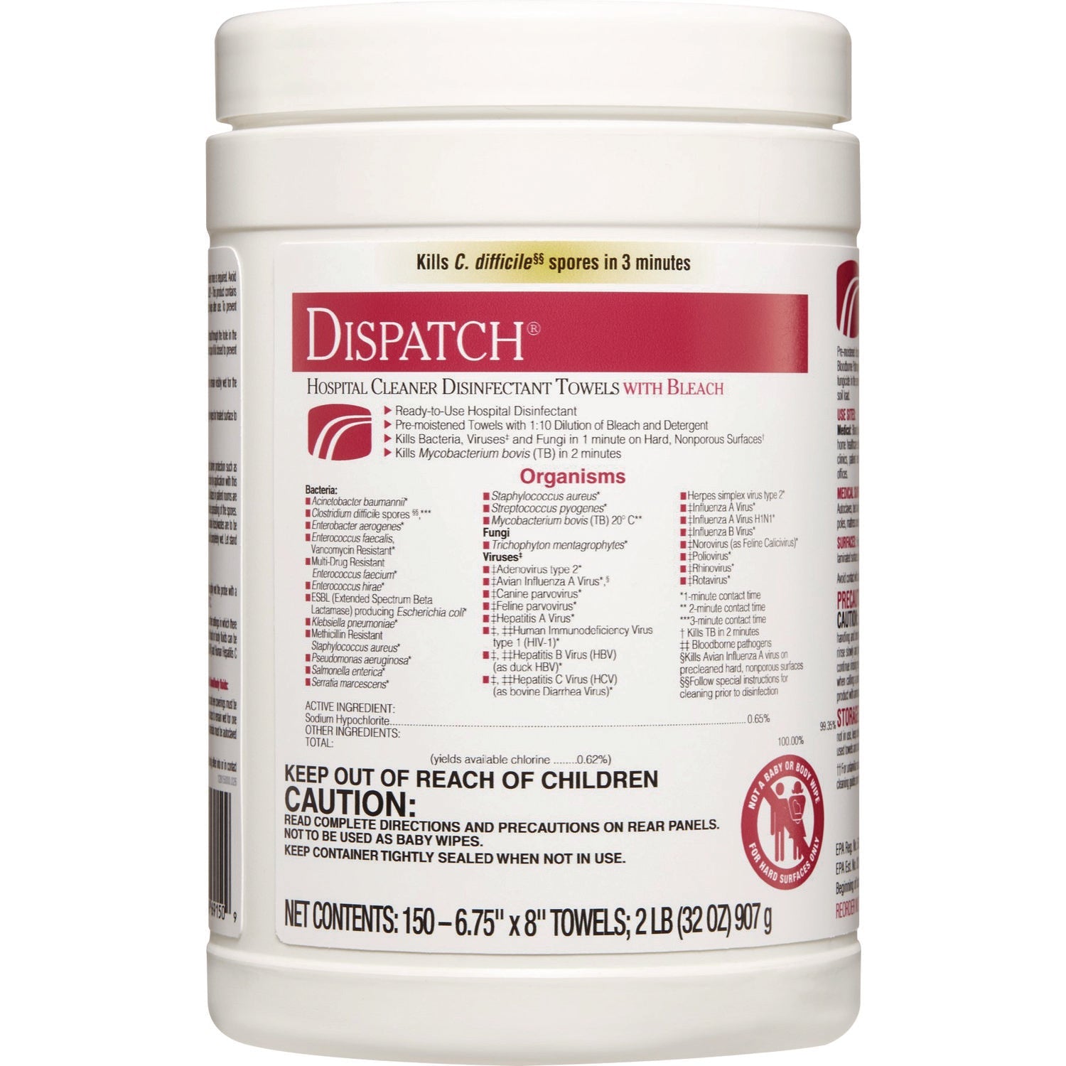 Clorox Healthcare® Dispatch Hospital Cleaner Disinfectant Towels with Bleach, 1-Ply, 6.75 x 8, Unscented, White, 150/Canister
