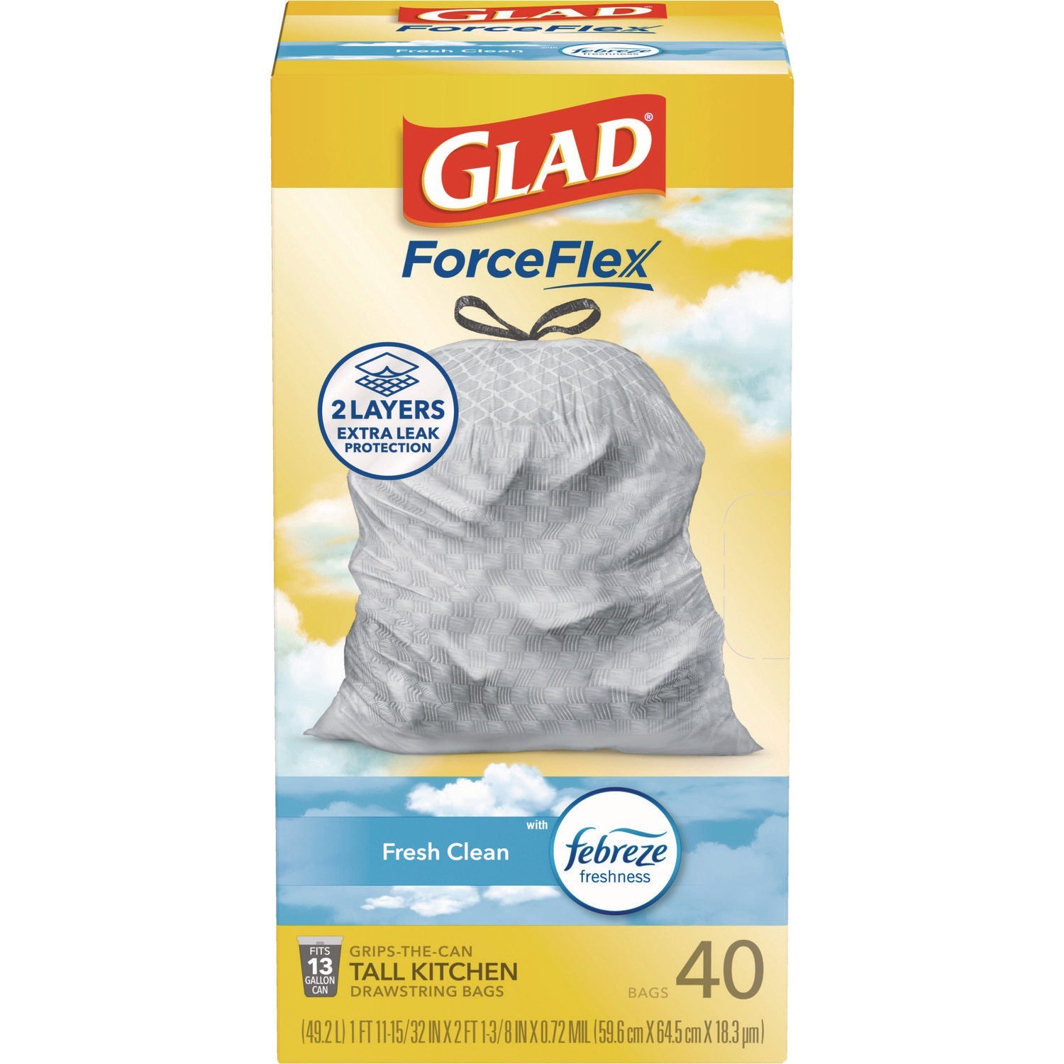 Glad® ForceFlex Kitchen Drawstring Trash Bags, 13 gal, Fresh Clean Scent, 24" x 27.38", White, 40 Bags/Box, 6 Boxes/Carton