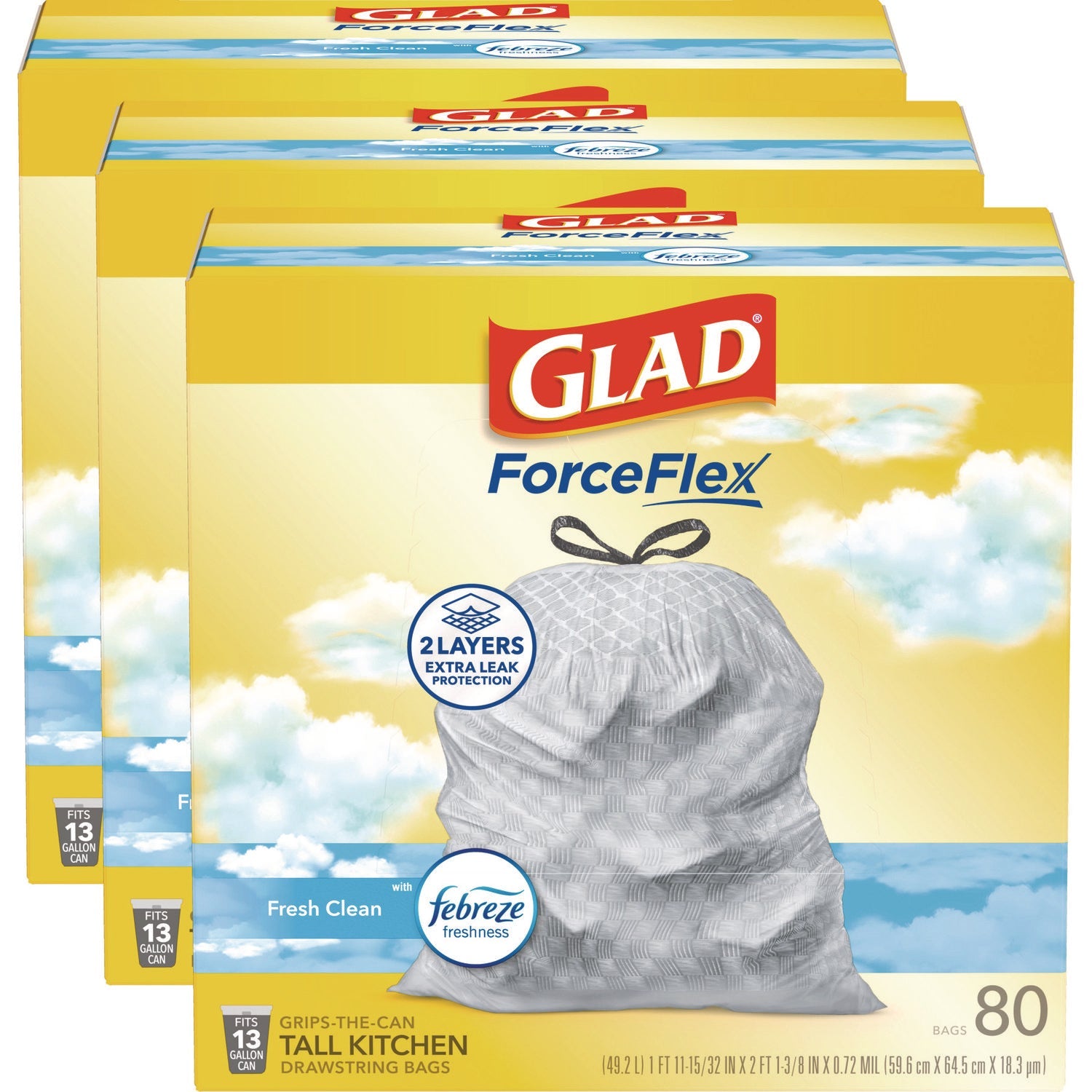 Glad® ForceFlex Kitchen Drawstring Trash Bags, 13 gal, Fresh Clean Scent, 24" x 27.38", White, 80 Bags/Box, 3 Boxes/Carton