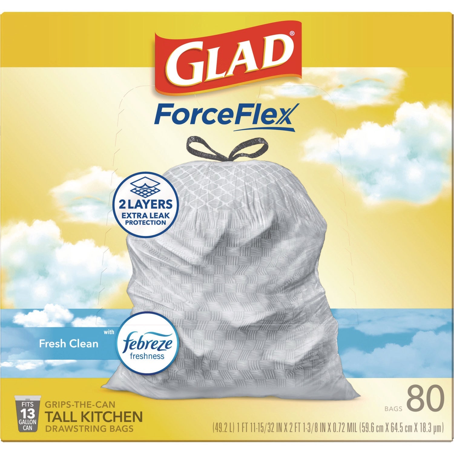 Glad® ForceFlex Kitchen Drawstring Trash Bags, 13 gal, Fresh Clean Scent, 24" x 27.38", White, 80/Box