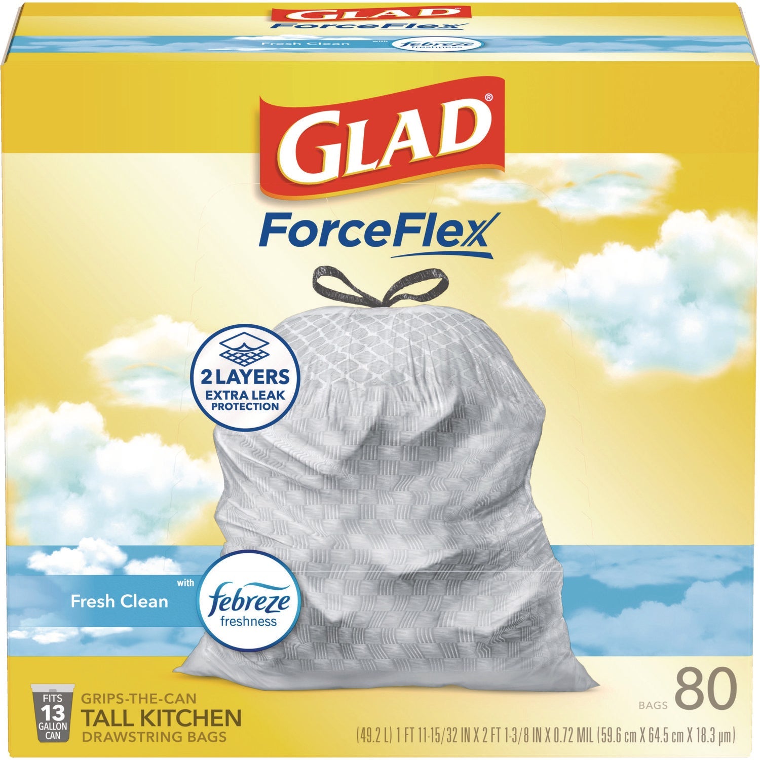 Glad® ForceFlex Kitchen Drawstring Trash Bags, 13 gal, Fresh Clean Scent, 24" x 27.38", White, 80/Box