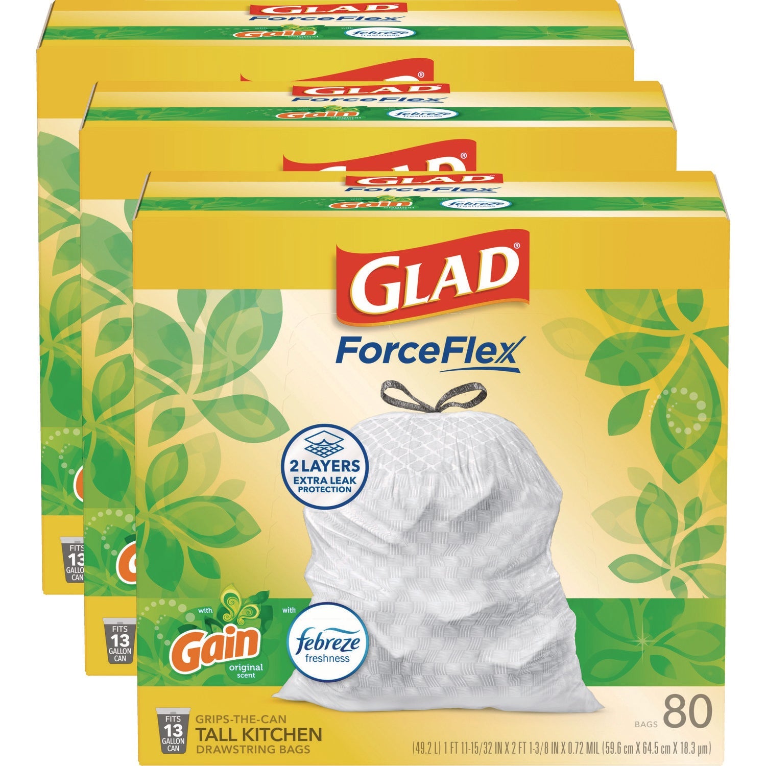 Glad® ForceFlex Kitchen Drawstring Trash Bags, 13 gal, Gain Original Scent, 24" x 27.38", White, 80 Bags/Box, 3 Boxes/Carton