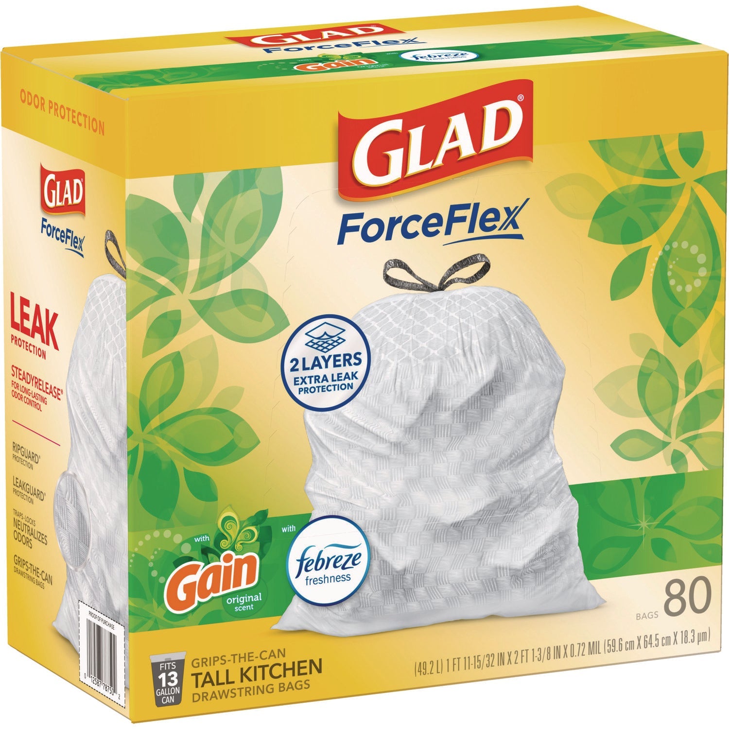 Glad® ForceFlex Kitchen Drawstring Trash Bags, 13 gal, Gain Original Scent, 24 x 27.38, White, 80/Box