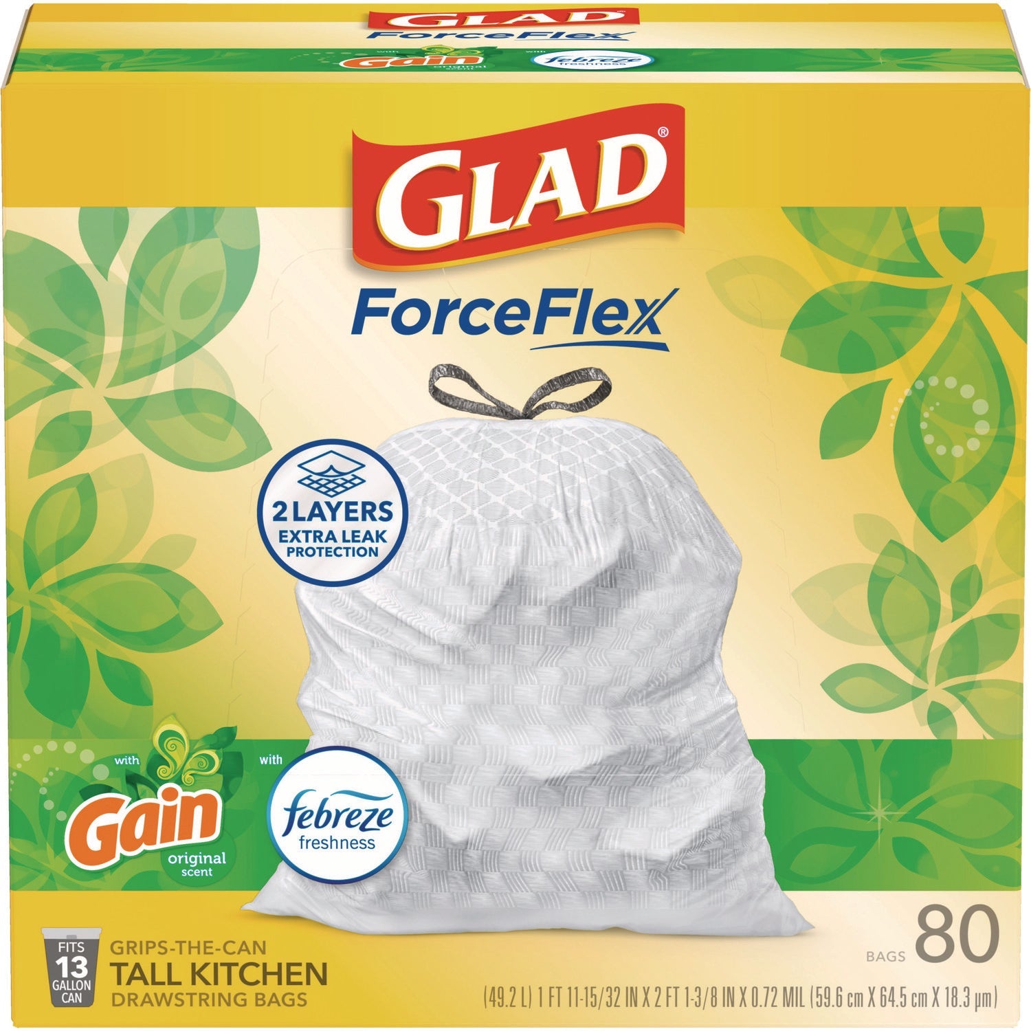 Glad® ForceFlex Kitchen Drawstring Trash Bags, 13 gal, Gain Original Scent, 24 x 27.38, White, 80/Box