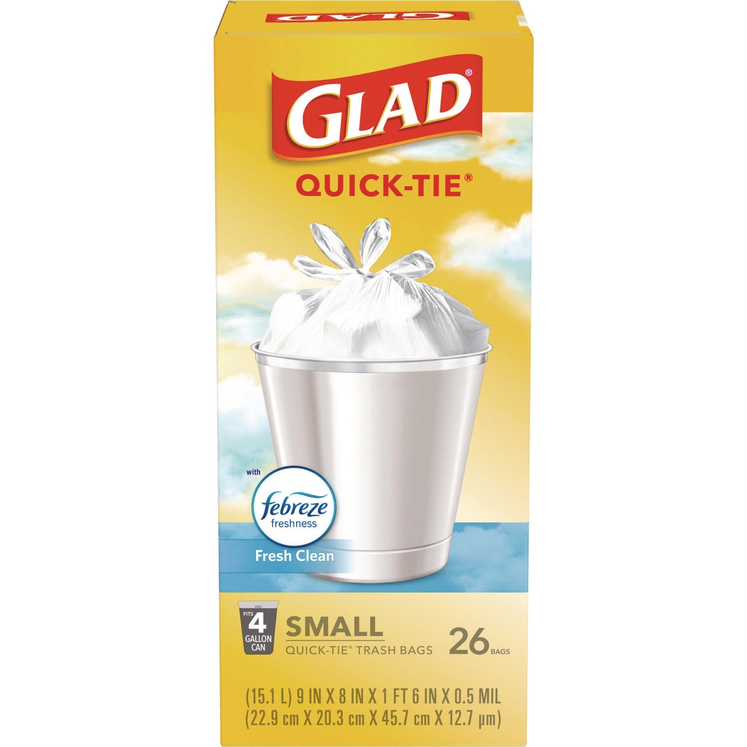 Glad® OdorShield Quick-Tie Small Trash Bags, Tie-Flap, 4 gal, Febreze Fresh Clean Scent, 8 x 18, White, 26 Bags/Box, 6 Boxes/Carton