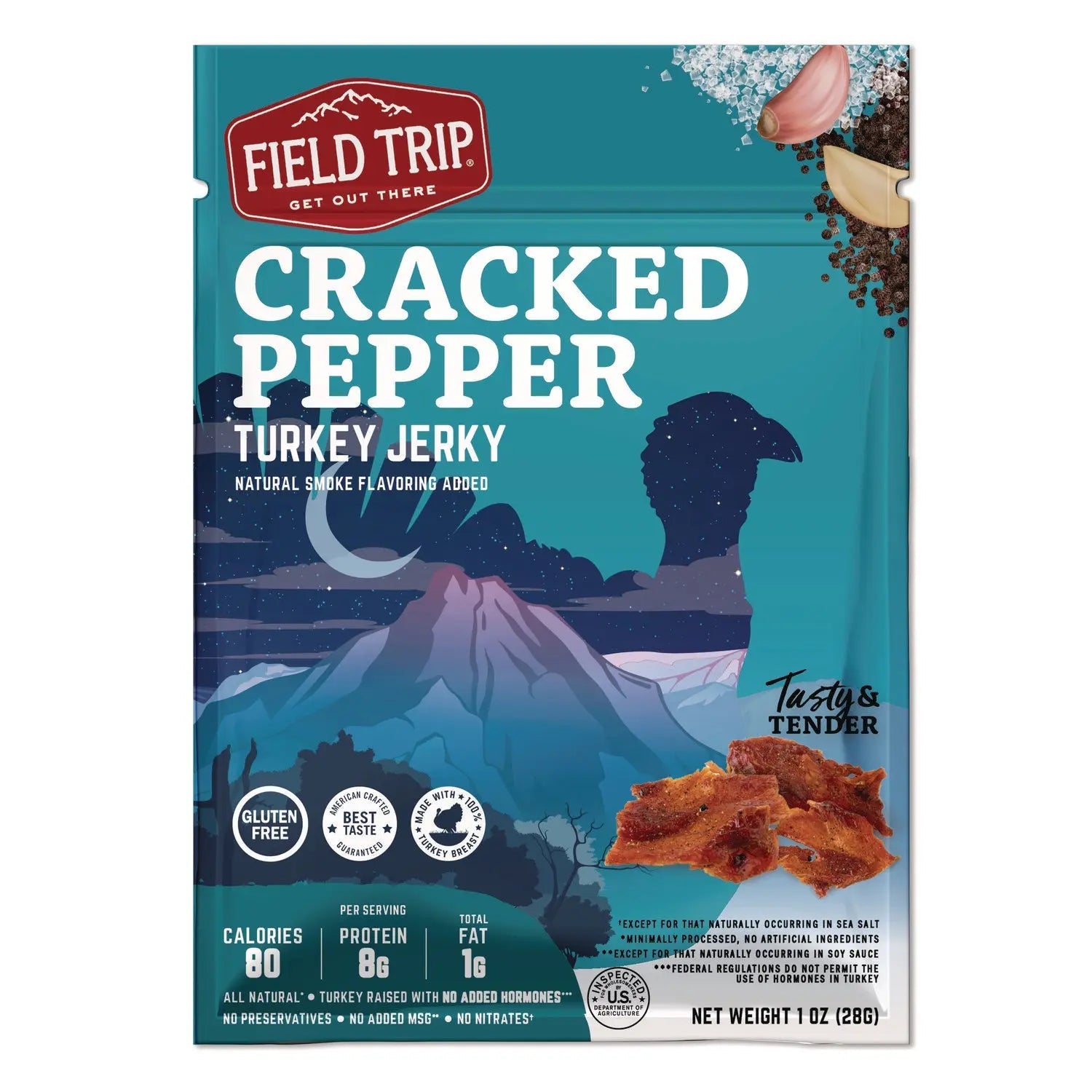 Field Trip® Turkey Jerky, Cracked Pepper Turkey, 1 oz Bag, 12 Bags/Carton