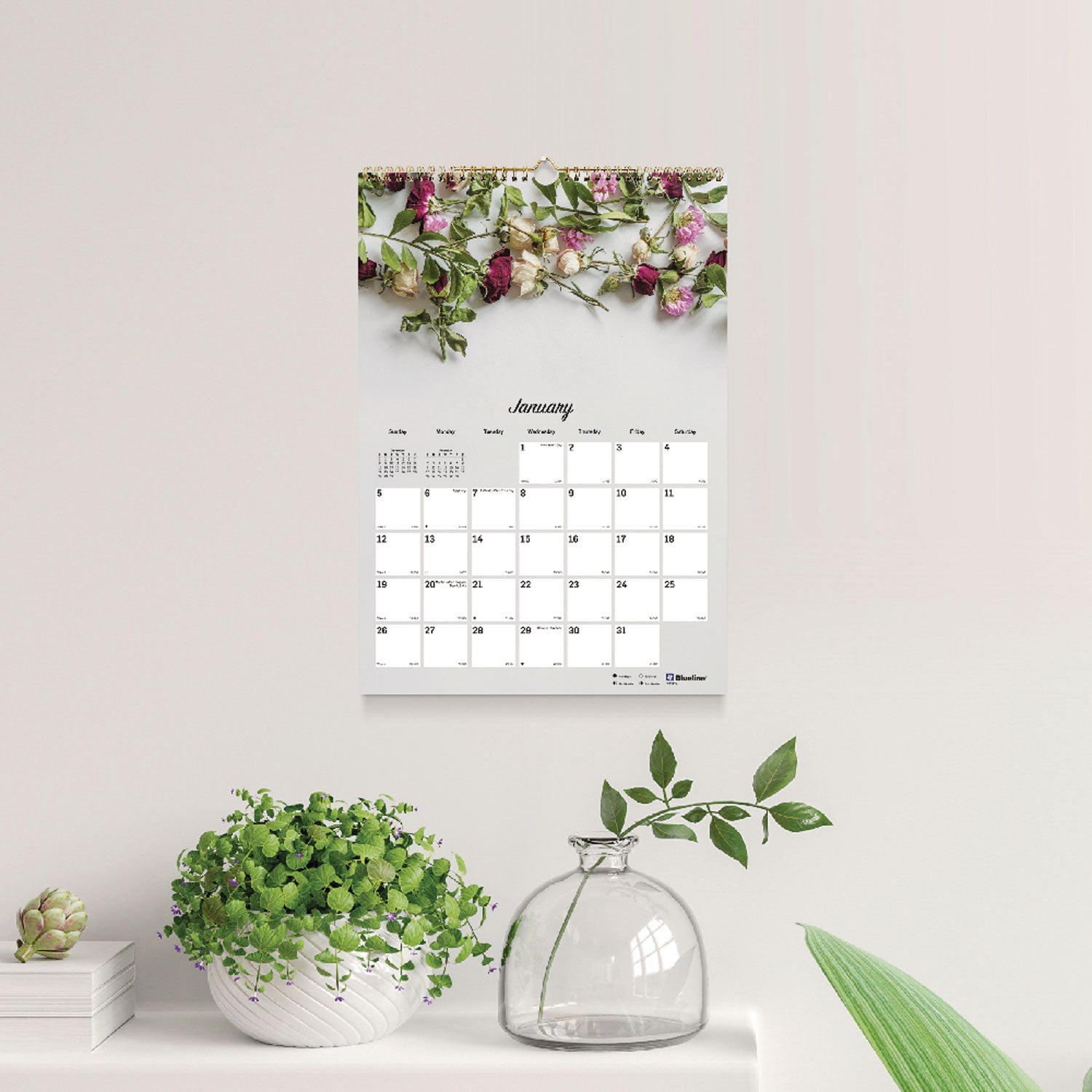 Blueline® Romantic Wall Calendar, Floral Photography, 12 x 17, White/Multicolor Sheets, 12-Month (Jan to Dec): 2025 - Bloom Skins