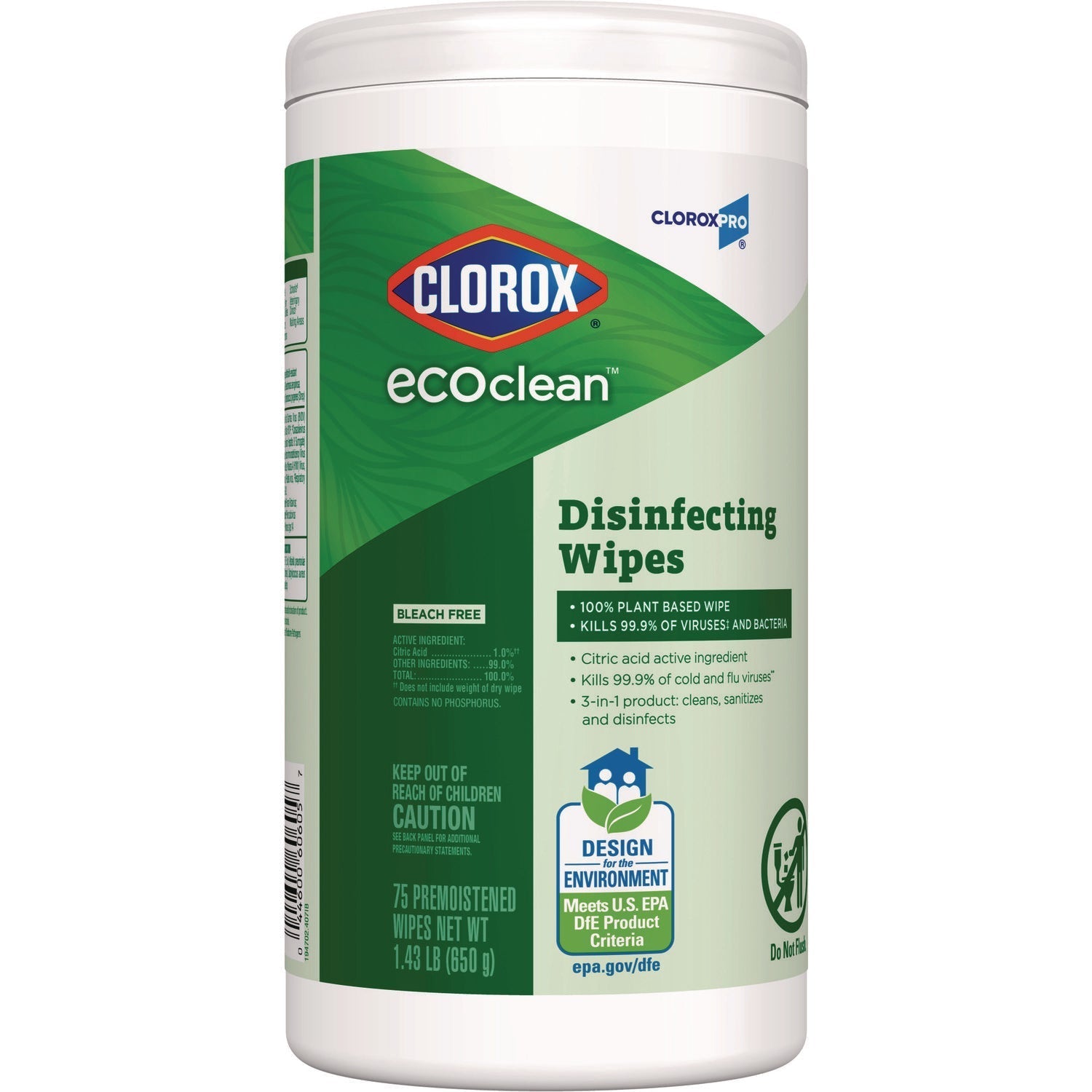 Clorox® EcoClean Disinfecting Wipes, 1-Ply, 8 x 7, Unscented, White