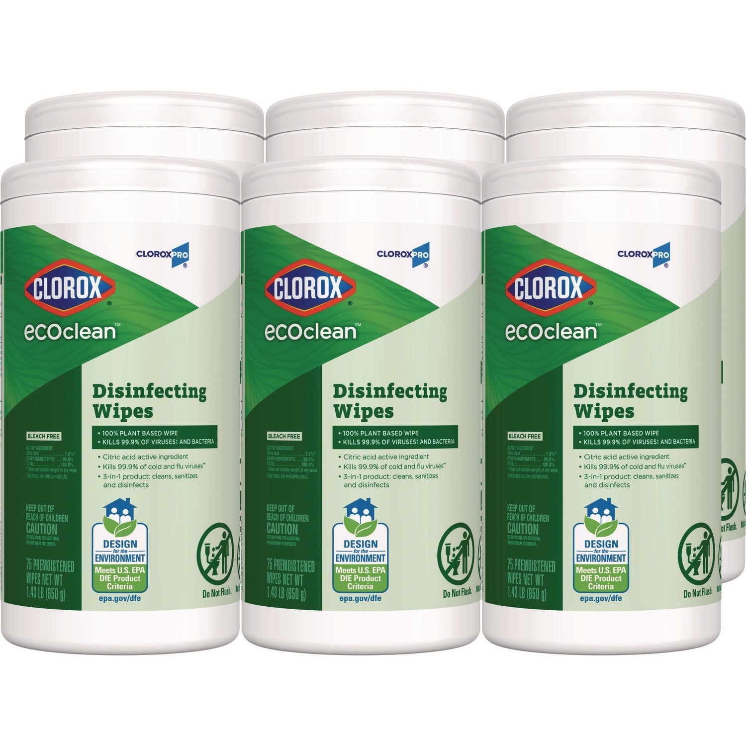 Clorox® EcoClean Disinfecting Wipes, 1-Ply, 8 x 7, Unscented, White, 6/Carton