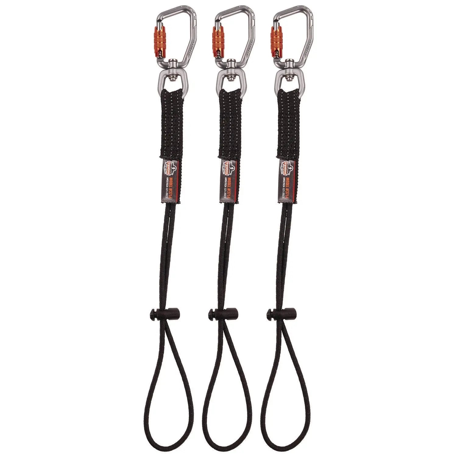 ergodyne® Squids 3714 Elastic Tool Tail Lanyard w/Carabiner and Cinch Loop, 10 lb Max Working Capacity, 15" Long, Black, 3/Pack