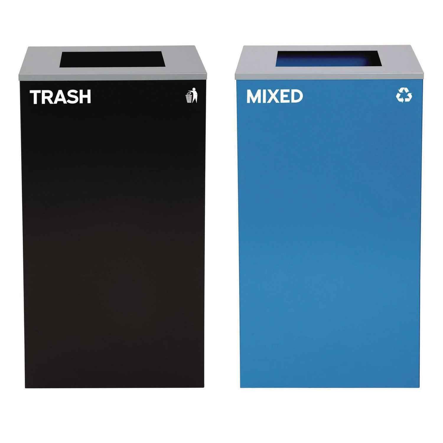 Alpine Industries 29 Gallon Trash/Recycling Cans, Steel, Blue Mixed Recycling Can with Square Lid, Black Trash Can with Square Lid